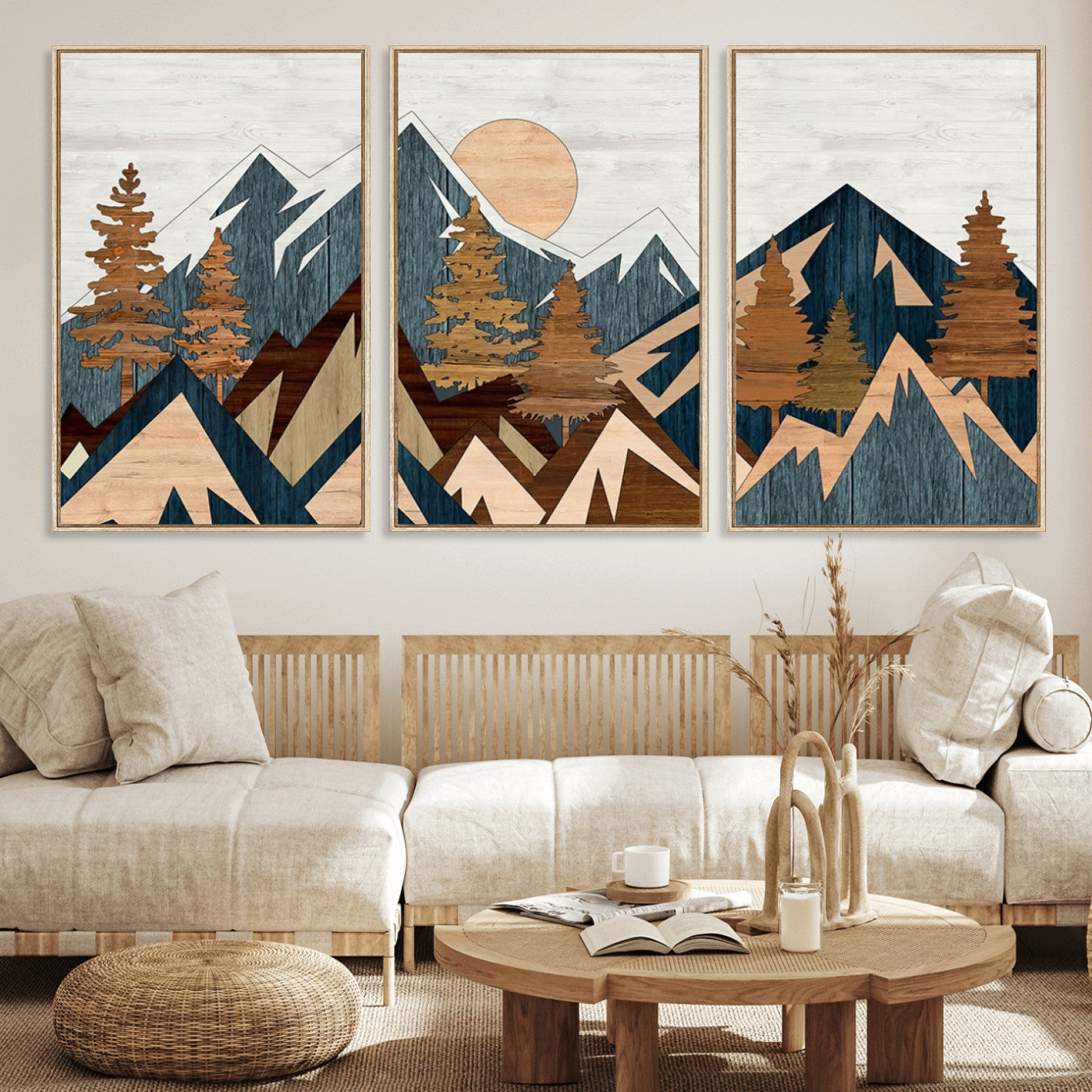 91467-MGV-CV-36X24-Abstract Wood Panel Effect Mountain Range Top Wall Art Canvas Print