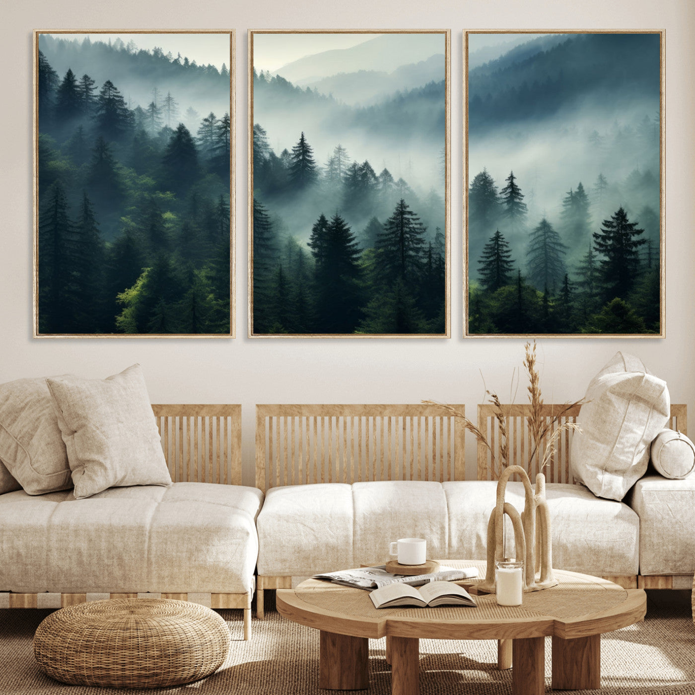 17687-MGV-FC-60X30-3P_Natural-Captivating Misty Forest Wall Art Premium Canvas Print a Foggy and Serene Atmosphere Art