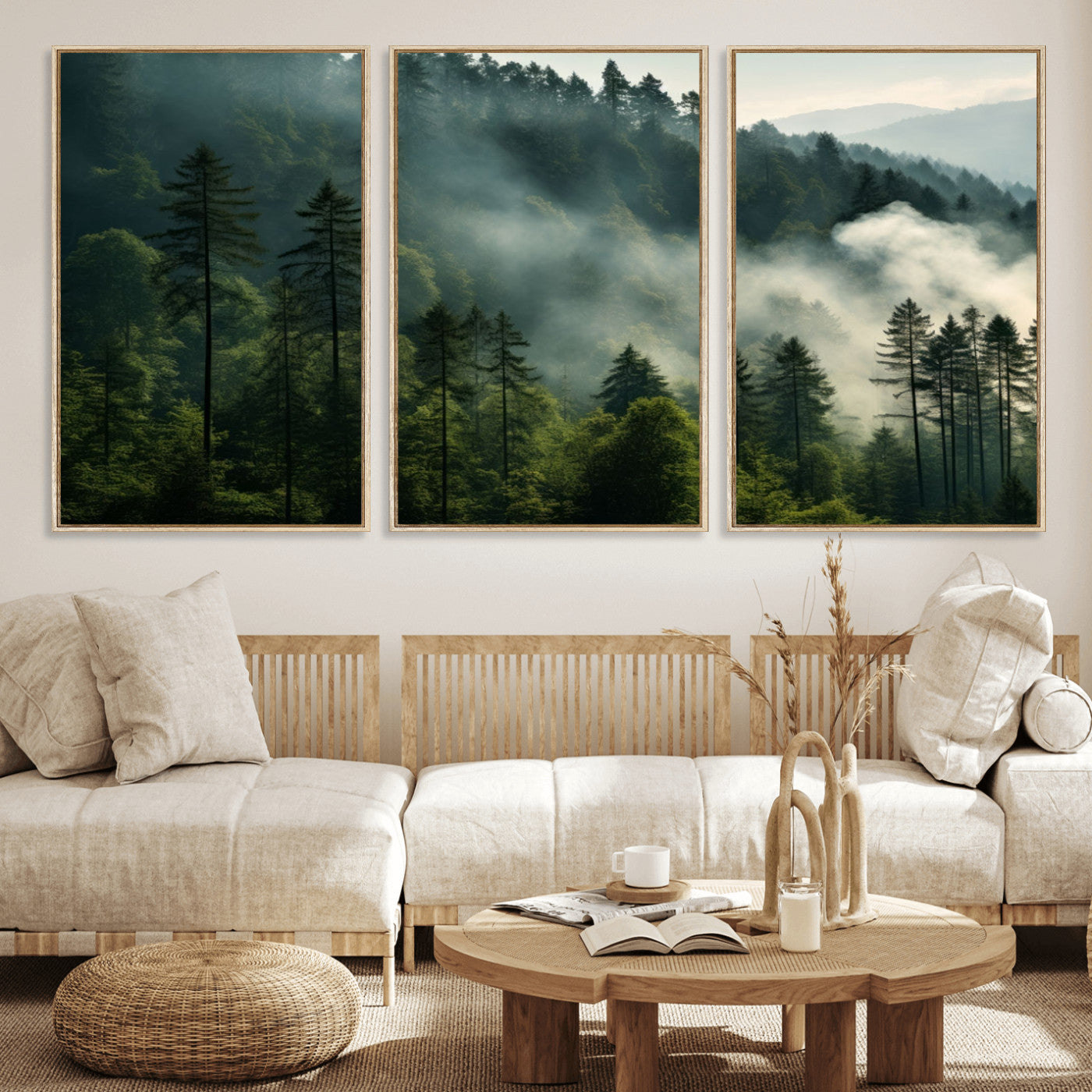 13518-MGV-FC-60X30-3P_Natural-Misty Forest Wall Art Premium Canvas Print a Foggy and Serene Atmosphere