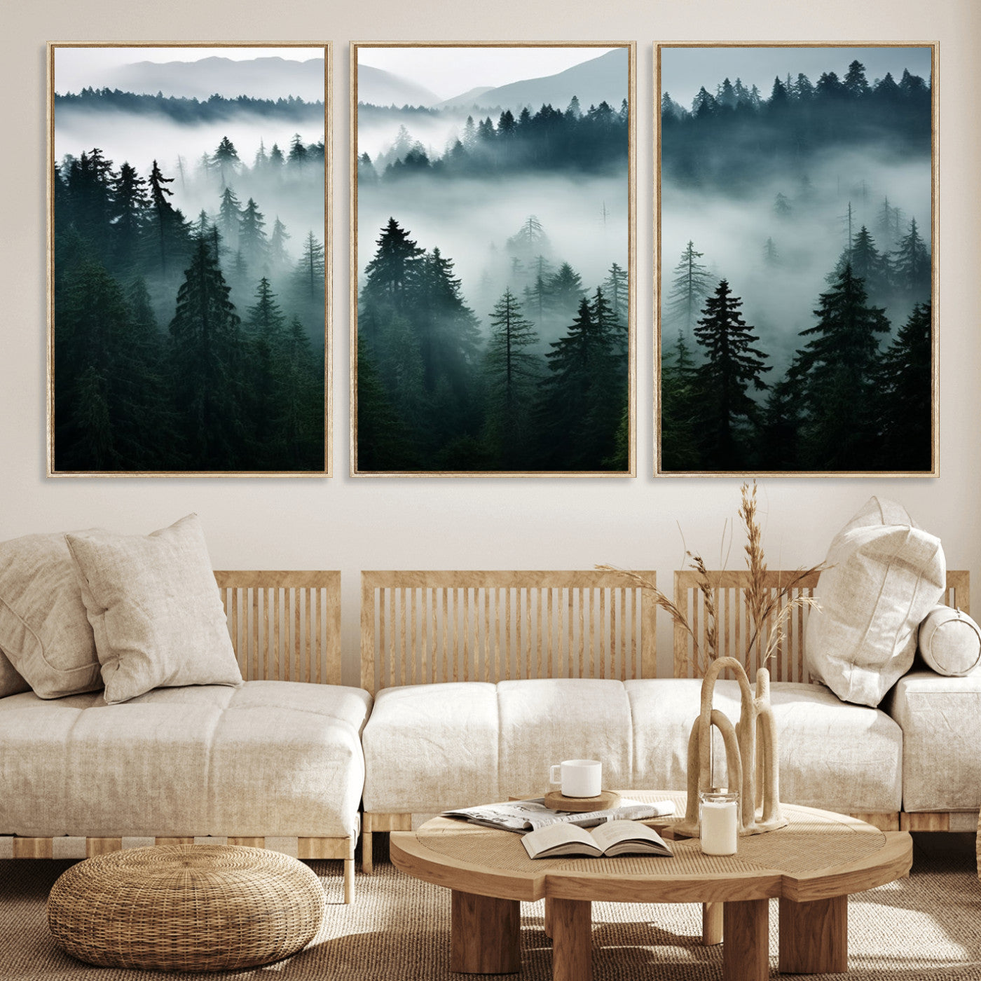 90079-MGV-FC-60X30-3P_Natural-Captivating Misty Forest Wall Art Canvas, Premium Canvas Print a Foggy and Serene Atmosphere