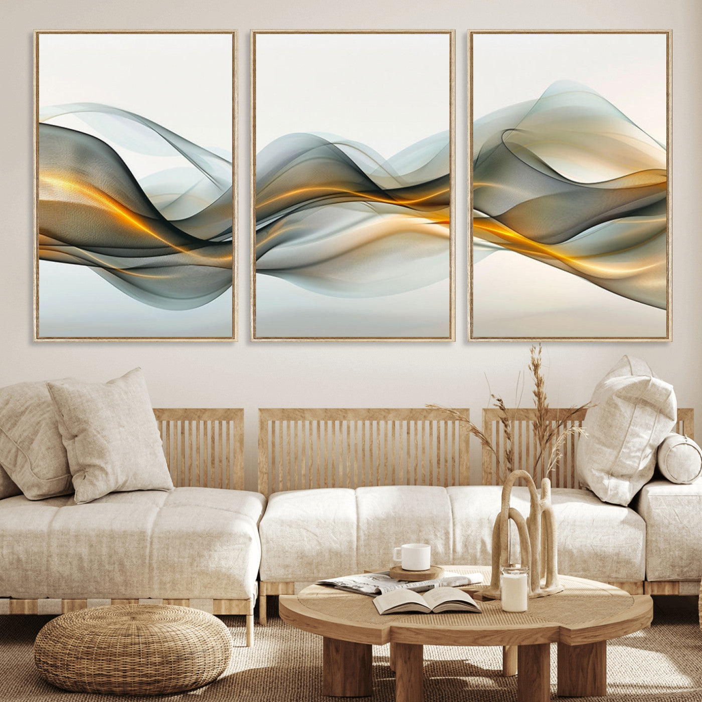 ES1001-MGV-FC-60X30-3P_Natural-Abstract Wave Canvas Wall Art – Fluid Contemporary Elegance in Motion – Ready to Hang