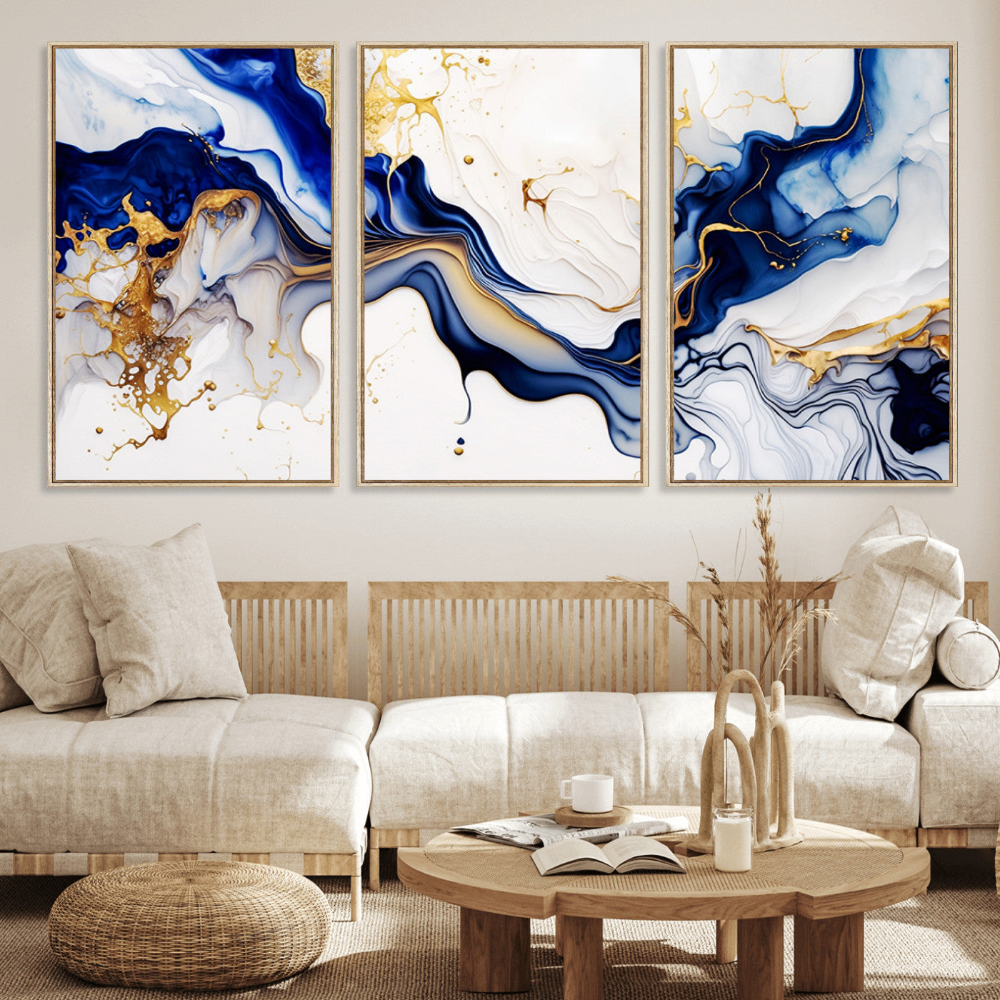93392-MGV-FC-60X30-3P_Natural-Golden Cascades on Midnight Blue – Deep Blue Abstract Wall Art Flowing Elegance | Wall Art Canvas,