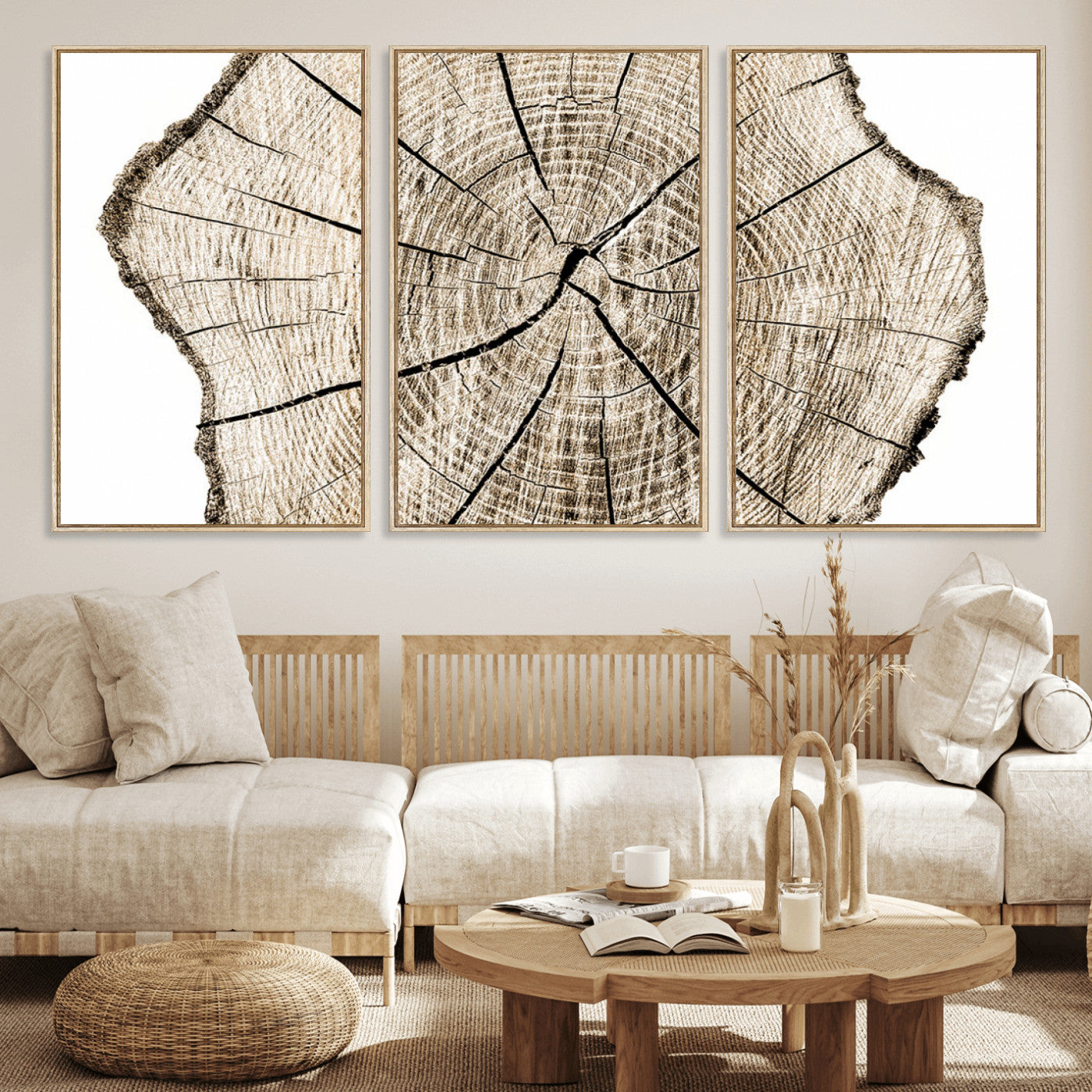 12450-MGV-FC-60X30-3P_Natural-Abstract Wood Tree Ring Wall Art - Ready to Hang Minimalist Wooden Design for Rustic & Contemporary
