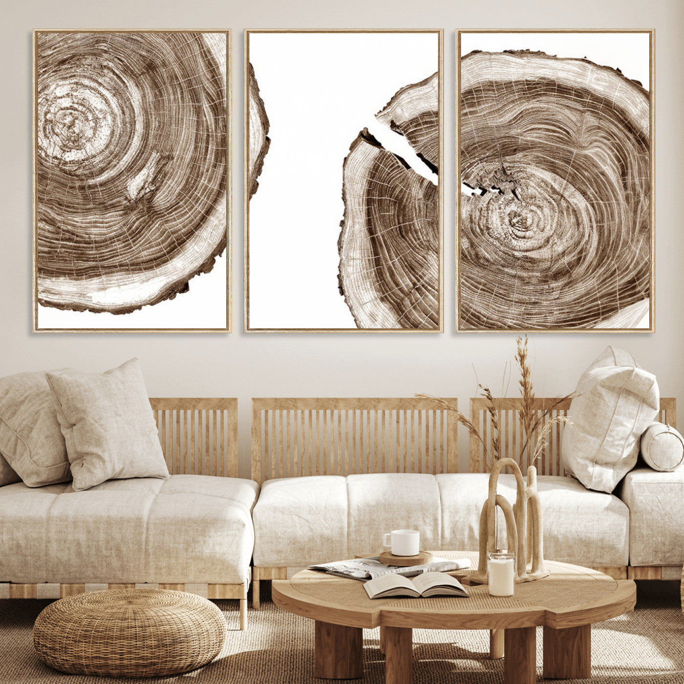 43743-MGV-CV-36X24-Wood Tree Ring Wall Art Canvas Prints, Tree Rings – Minimalist Black and White Wood Art | Triptych