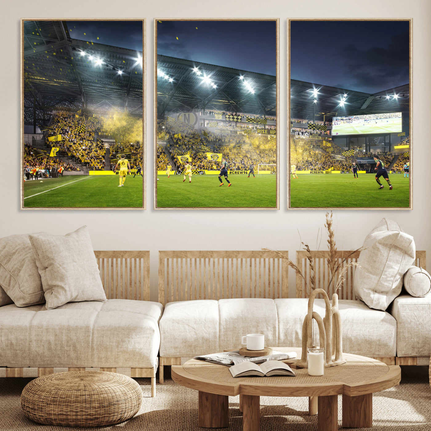 65820-MGV-FC-60X30-3P_Natural-Columbus Crew Stadium Match Triple Canvas Wall Art - Dynamic MLS Game Scene Canvas Wall Art