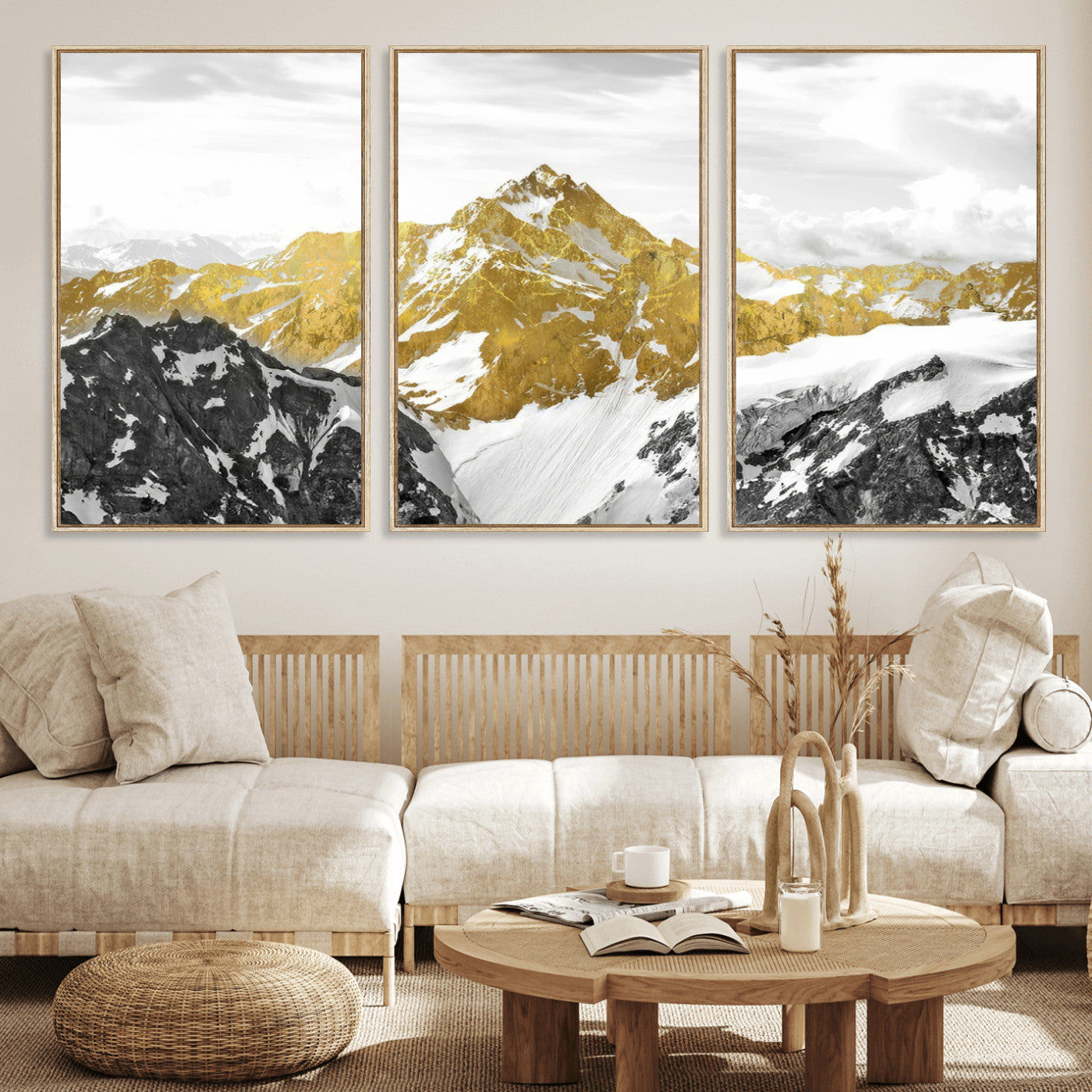 32102-MGV-FC-60X30-3P_Natural-Gold Abstract Mountains Wall Art Print on Canvas, Nature Wall Art Print,