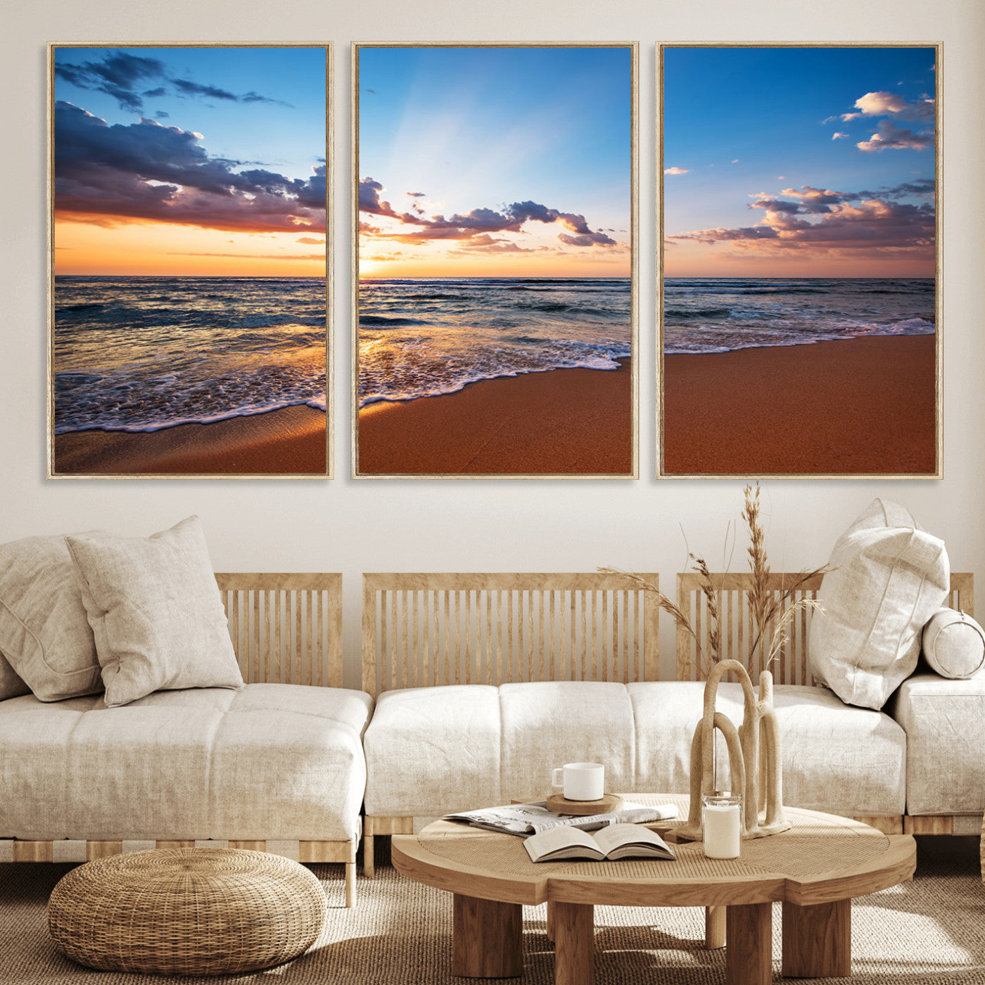 68915-MGV-FC-60X30-3P_Natural-Golden Hour Beach Sunset Wall Art | Canvas Print | Ready to Hang | Coastal Wall Art for Living Room