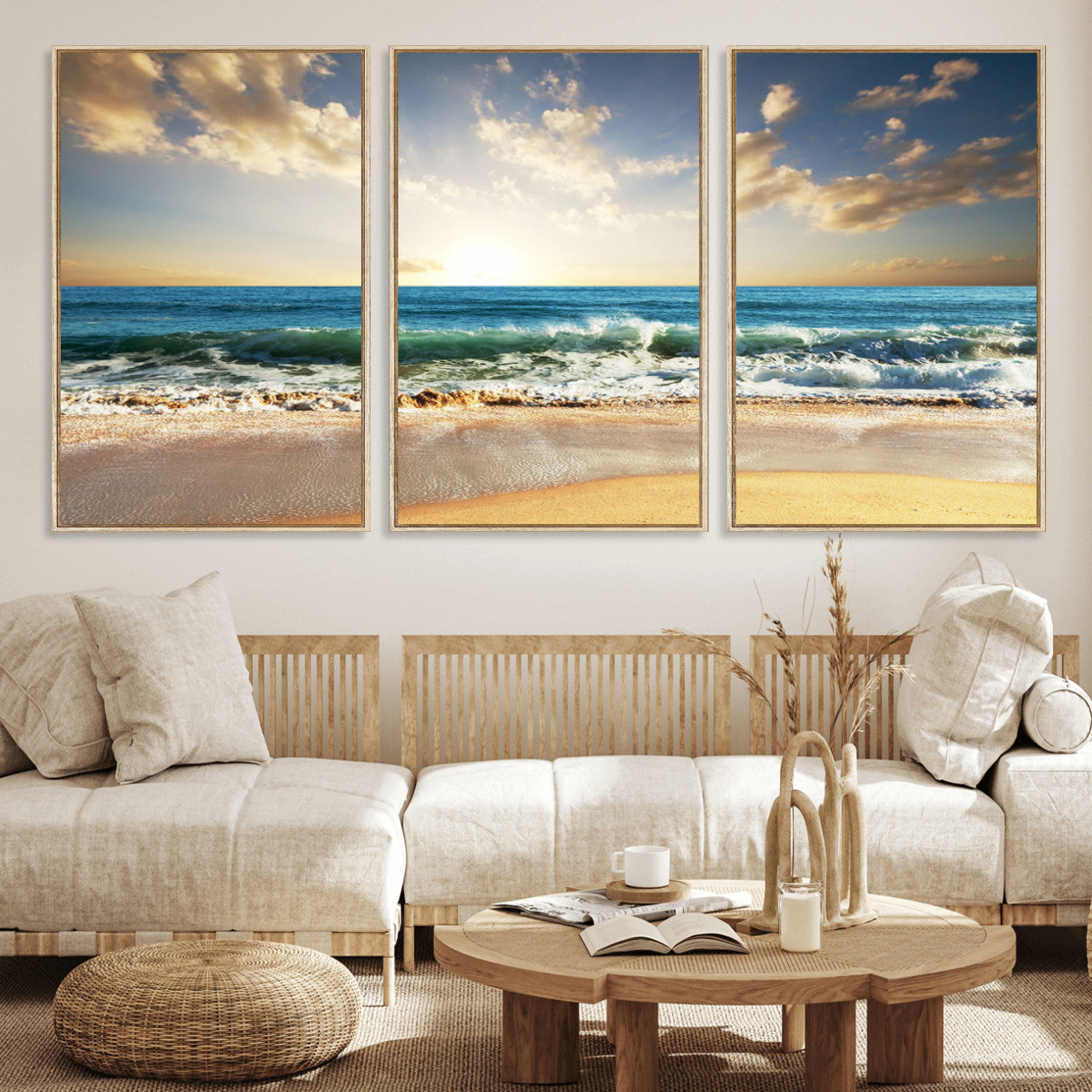 83376-MGV-FC-60X30-3P_Natural-Golden Sunset Beach Triptych Canvas Wall Art for Living Room – 3-Panel Ocean View, Framed & Ready to