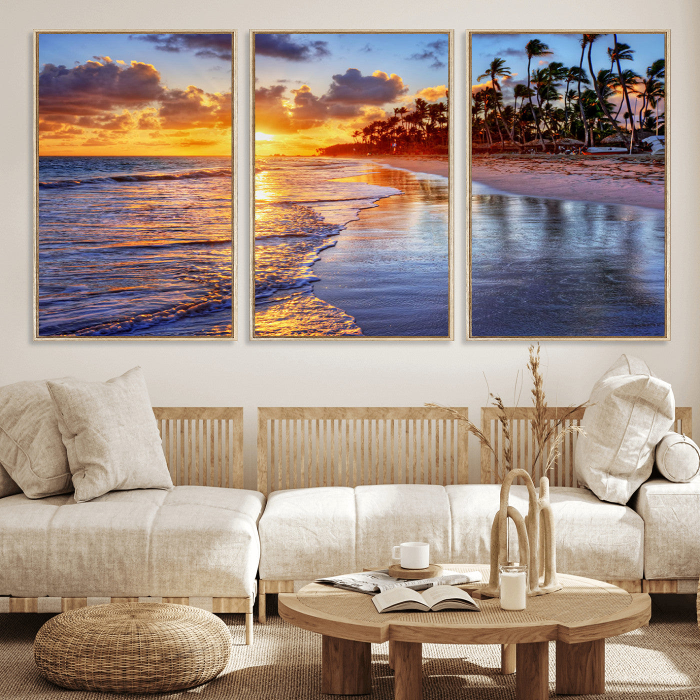 32177-MGV-FC-60X30-3P_Natural-Serene Beach Sunset Wall Art Canvas- Coastal Seascape Print for Living Room or Bedroom, Ocean Waves