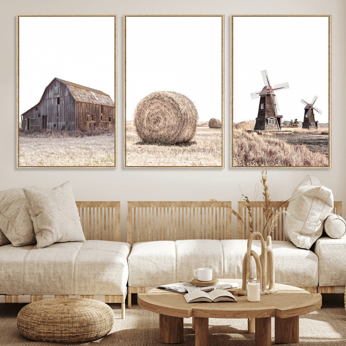 94971-MGV-FC-60X30-3P_Natural-Farm Prints Set, Set of 3 Farmhouse Wall Art, Country House Decor