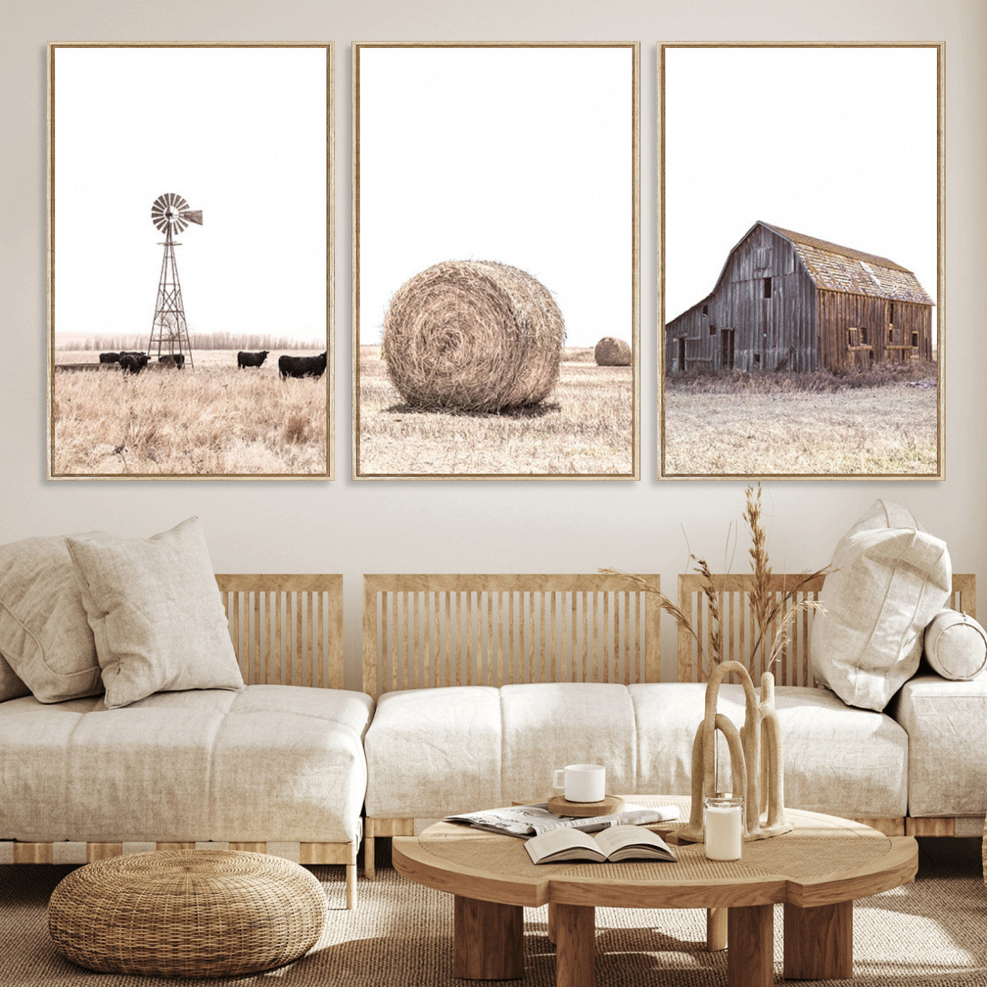30918-MGV-FC-60X30-3P_Natural-Rustic Farmhouse Wall Art Set of 3 – Country Barn and Wheat Field | Farm Prints for Country Home and