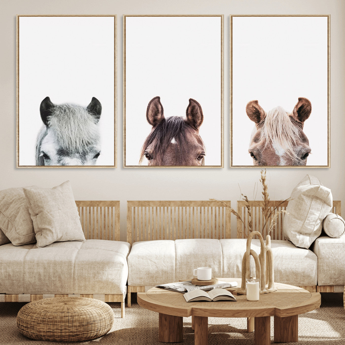 16020-MGV-FC-60X30-3P_Natural-Horse Wall Art - Minimalist Horse Triptych Wall Art – Modern 3-Panel Giclée Canvas Featuring Horse