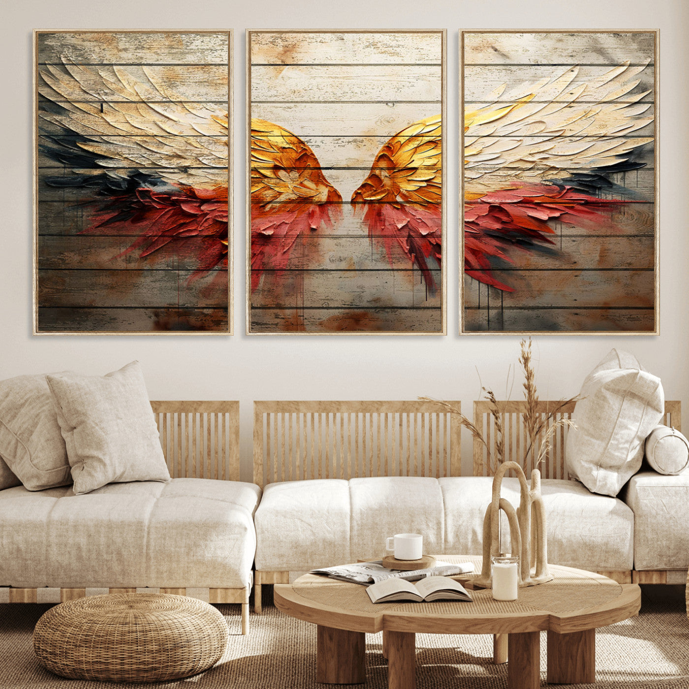 19244-MGV-FC-60X30-3P_Natural-Abstract Angel Wings Canvas Wall Art – Framed and Ready to Hang Modern Angelic Wings Decor for