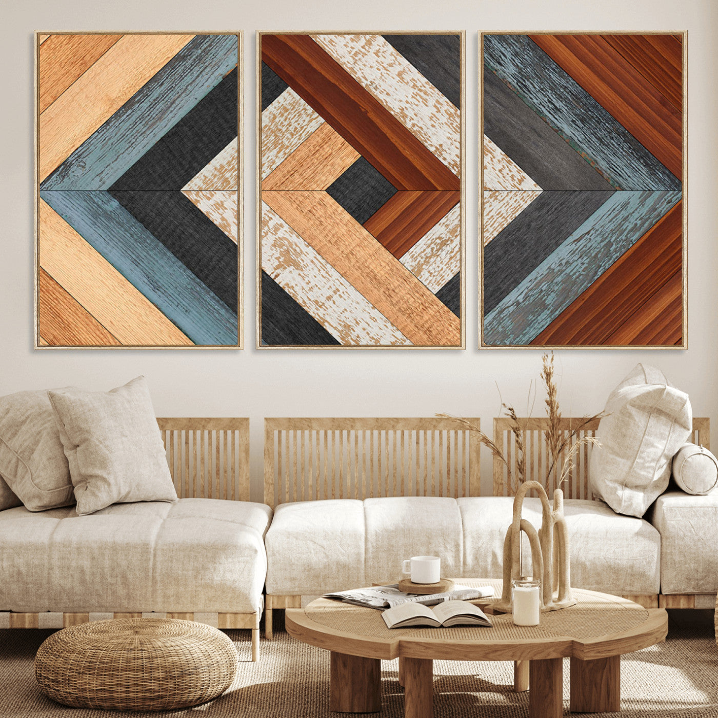20897-MGV-FC-60X30-3P_Natural-Geometric Wood Art Wall Decor Canvas Print, Rustic Wooden Pattern Triptych Wall Art for Living Room