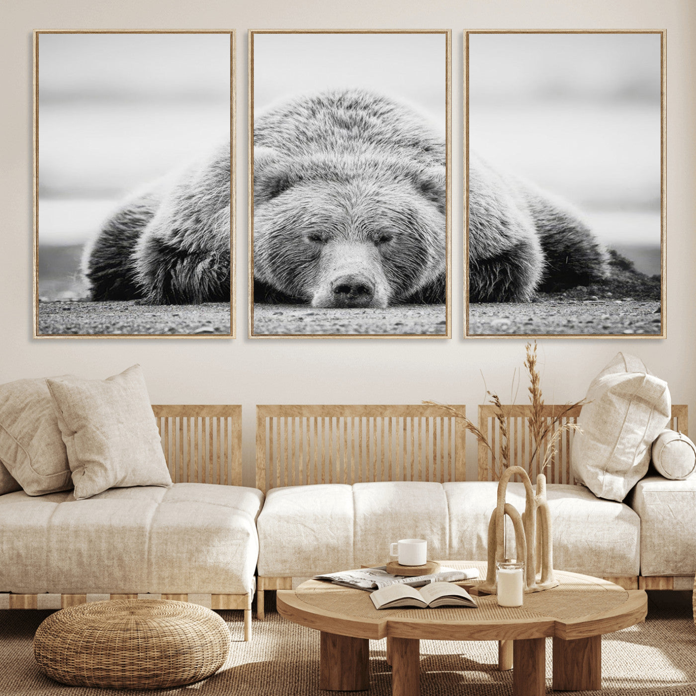 72905-MGV-FC-60X30-3P_Natural-Resting Grizzly Bear Wall Art Canvas Print – Majestic Lazy Black and White Wildlife Bear Art,