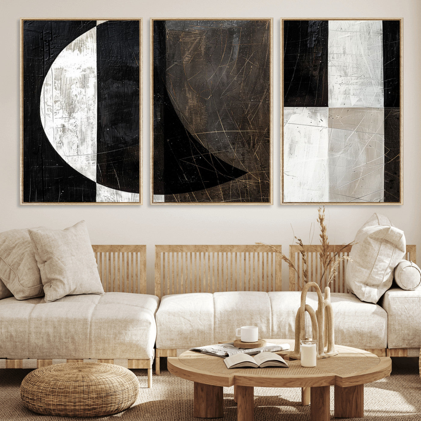 47880-MGV-FC-60X30-3P - Abstract Modern Wabi Sabi Wall Art Canvas Print Set – Minimalist Mid-Century Contemporary Artwork for Home, Office