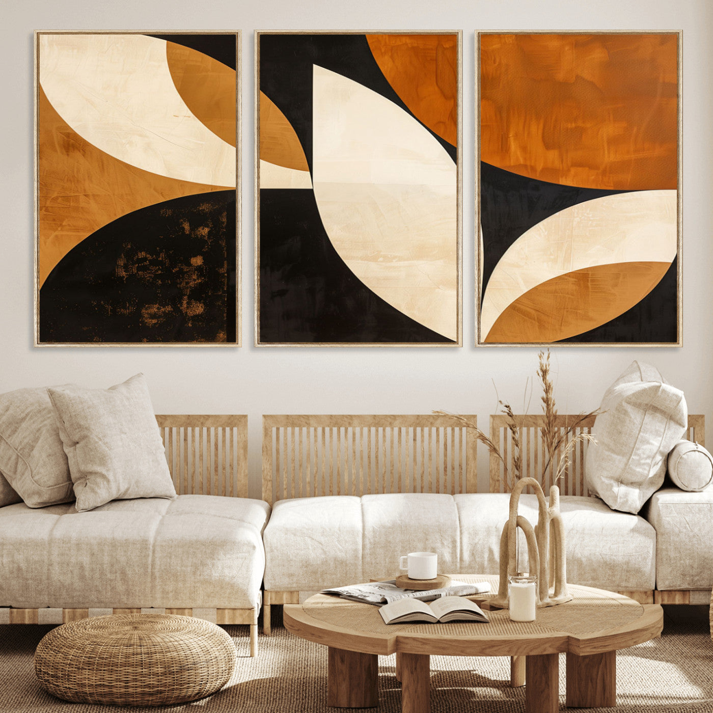 21251-MGV-FC-60X30-3P_Natural-Geometric Abstract Wall Art Canvas Print, Mid Century Modern Wall Art Print