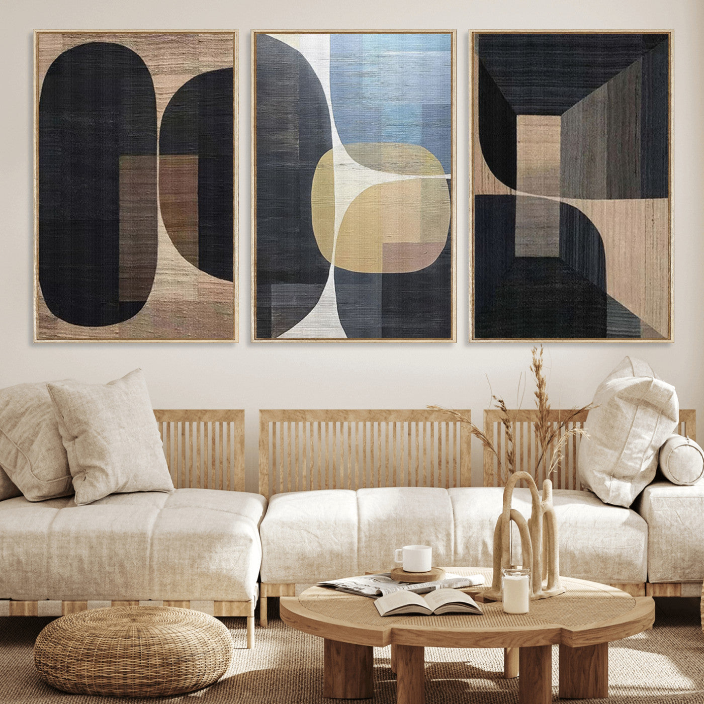 75252-MGV-FC-60X30-3P_Natural-Minimalist Wabi Sabi Abstract Geometric Wall Art Canvas Print – Modern Minimalist Shapes – Ready to