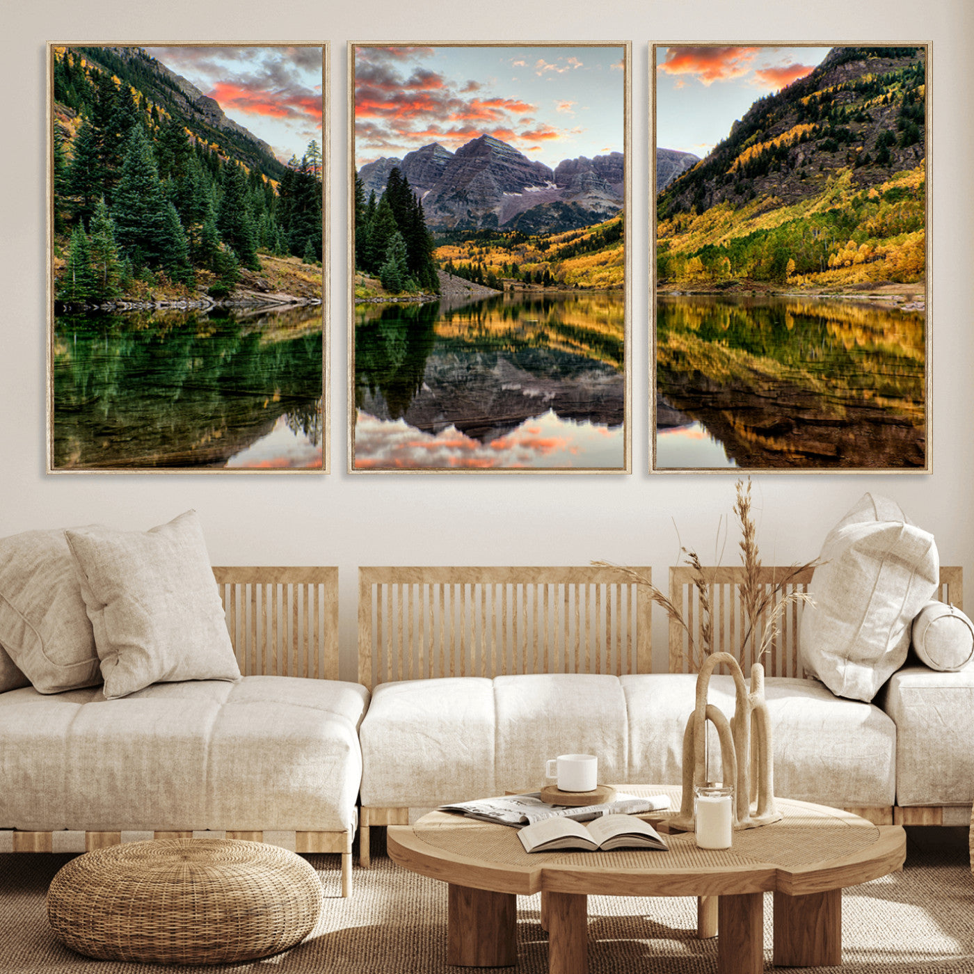 14376-MGV-FC-60X30-3P_Natural-Maroon Bells Wall Art - Scenic Canvas Print of Maroon Bells in Autumn for Elegant Home or Office