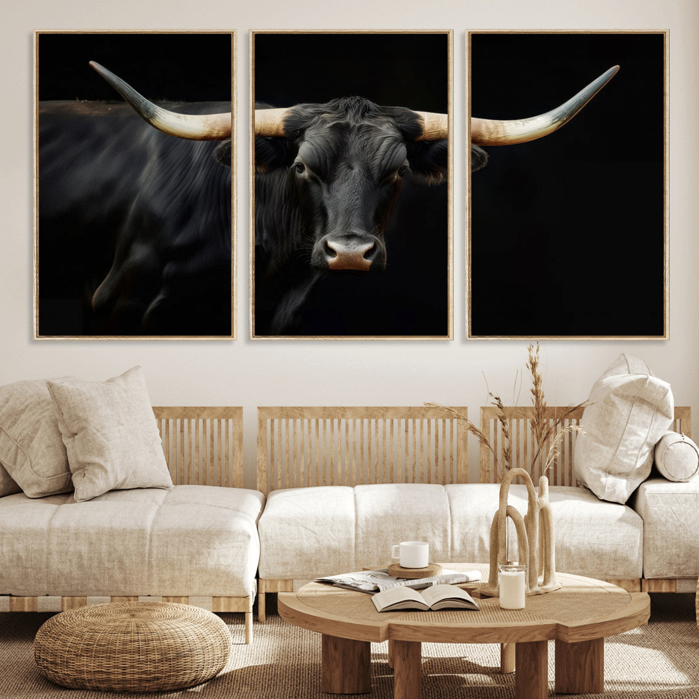 63798-MGV-FC-60X30-3P_Natural-Black Bull Wall Art – Majestic Longhorn Canvas Print with Dark Background, Rustic Western Farmhouse Decor for Living Room or Office