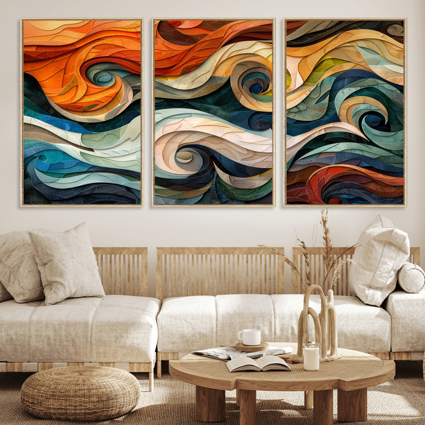 98463-MGV-FC-60X30-3P_Natural-Abstract Wave Wall Art | Ready to Hang Framed Canvas Print | Vibrant Home Decor for Modern Spaces