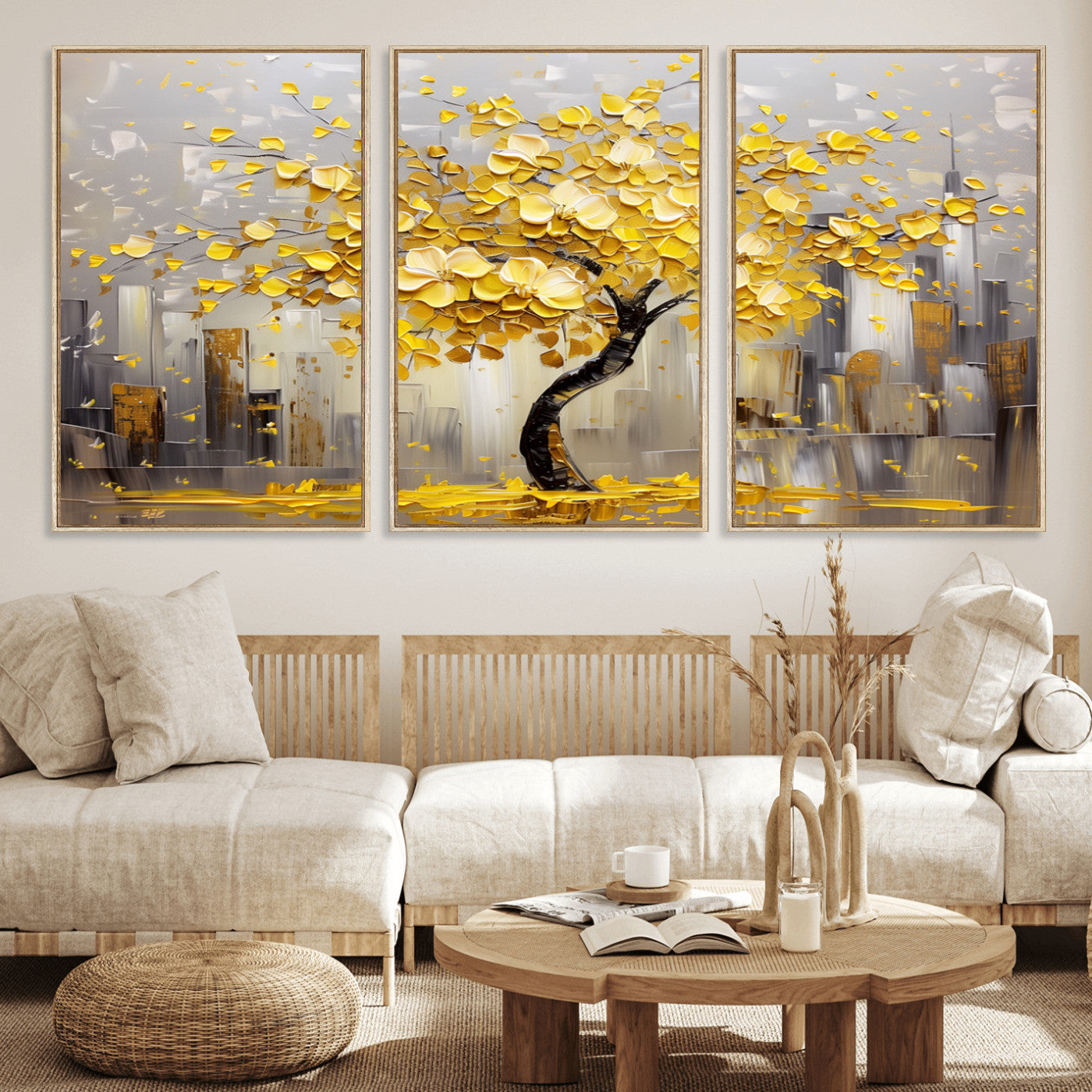45538-MGV-FC-60X30-3P_Natural-Golden Tree Canvas Print | Abstract Wall Art for Modern Homes | Ready to Hang Framed Artwork