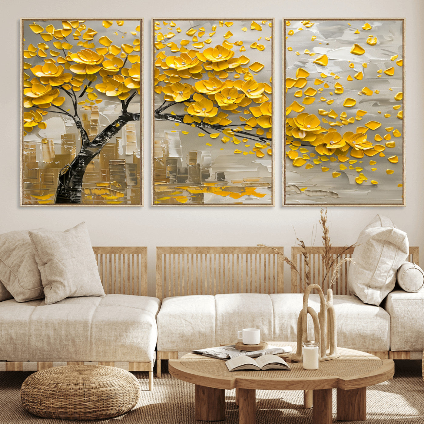 99675-MGV-FC-60X30-3P_Natural-Yellow Blossom Tree Canvas Wall Art - Floral Abstract Modern Contemporary Artwork for Living Room or
