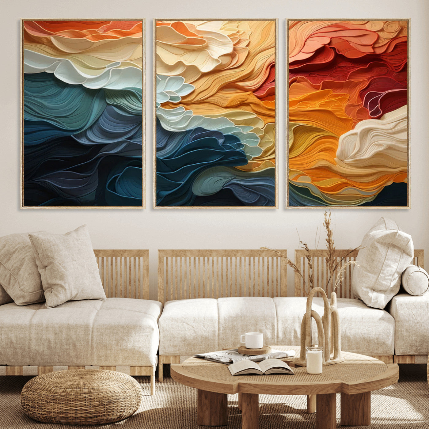 31634-MGV-FC-60X30-3P_Natural-Blue Orange Abstract Wave Wall Art Canvas Print, Framed Blue Orange Wave Wall Art
