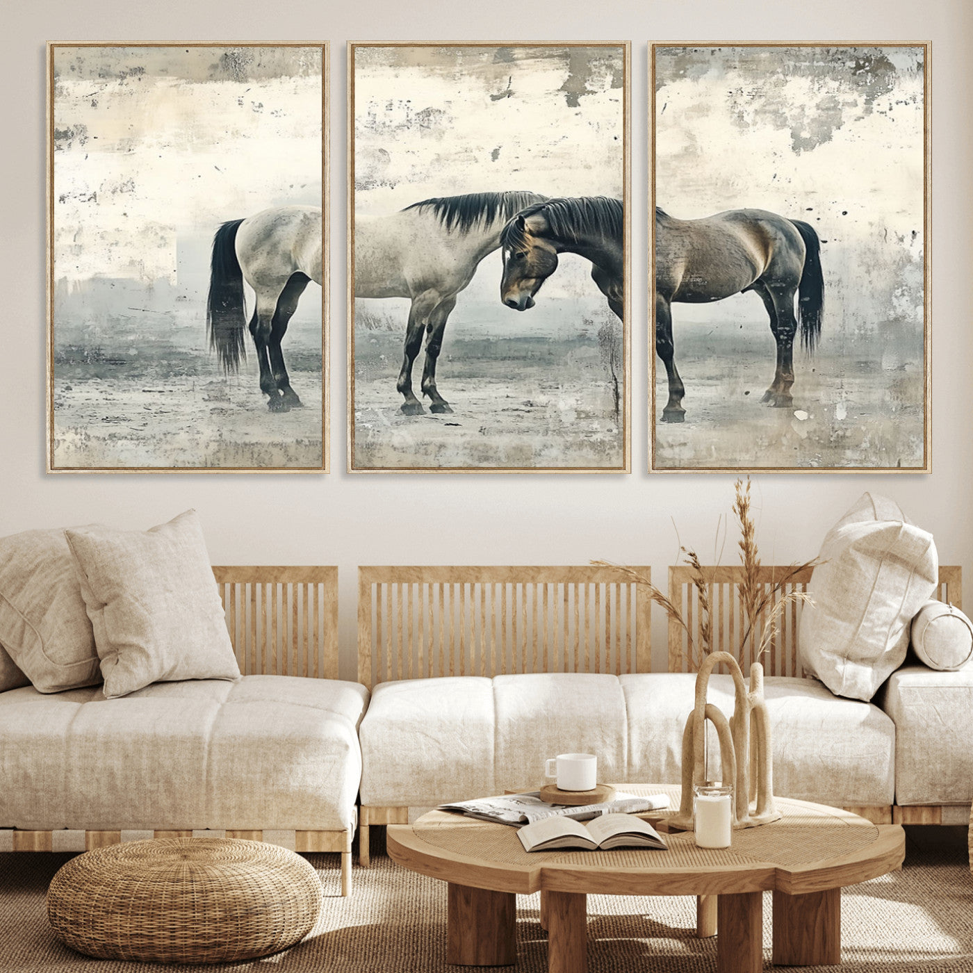 33288-MGV-FC-60X30-3P_Natural-Chines Style Majestic Horses Wall Art | Ready to Hang and Framed Triptych Print | Western Farmhouse