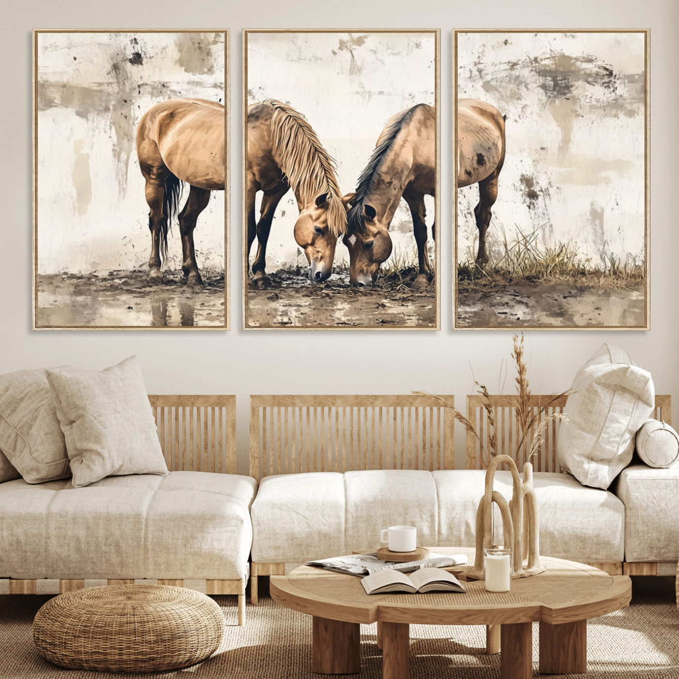 44742-MGV-FC-60X30-3P_Natural-Vintage Horses Wall Art | Ready to Hang and Framed Triptych | Western Farmhouse Wall Decor for