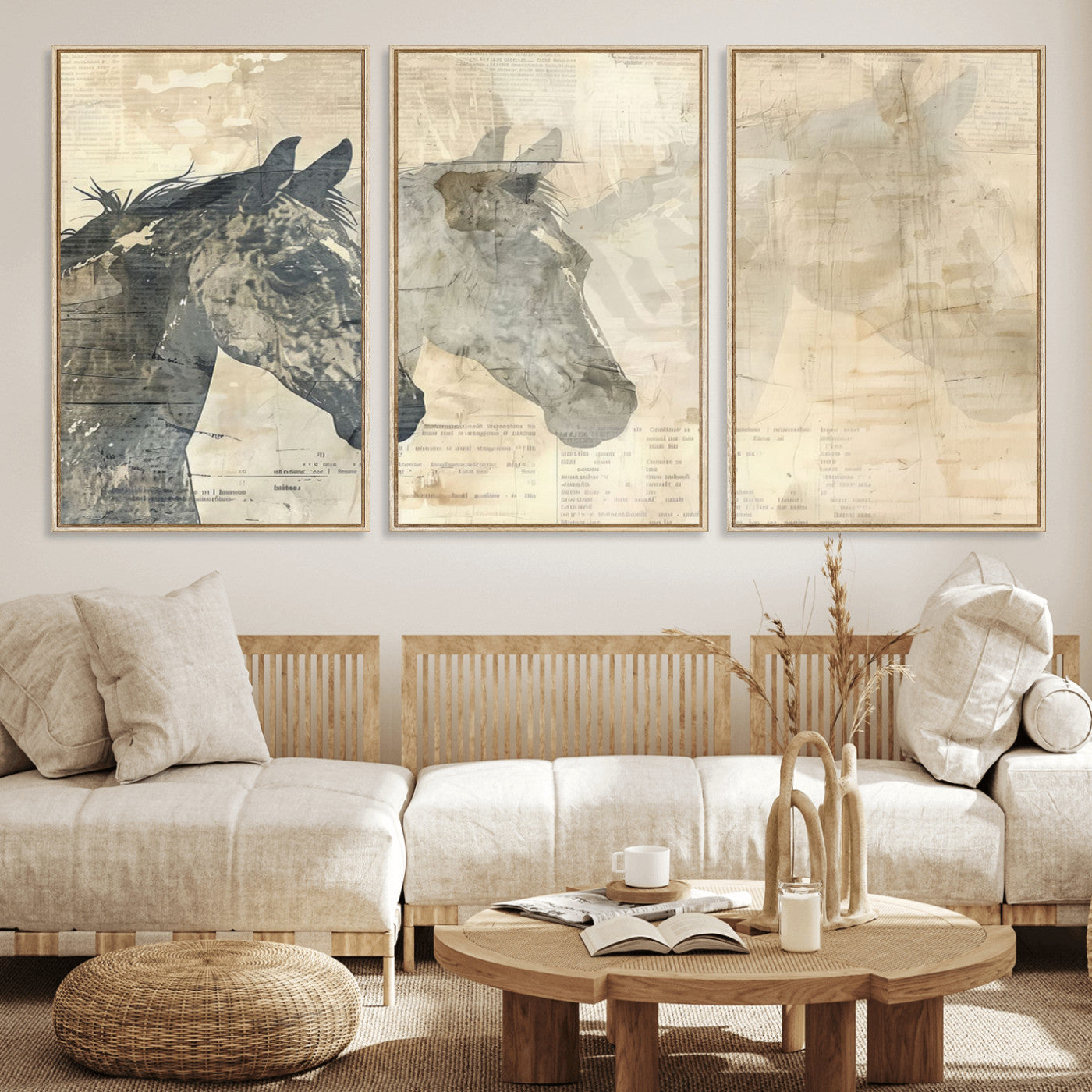 64301-MGV-FC-60X30-3P_Natural-Abstract Horse Canvas Print | Modern Farmhouse Wall Art | Ready to Hang Framed