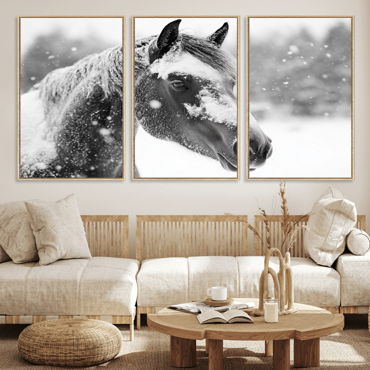 13358-MGV-CV-36X24-Black Horse Winter Wall Art | Ready to Hang and Framed | Farmhouse and Western Wall Decor for Living Room