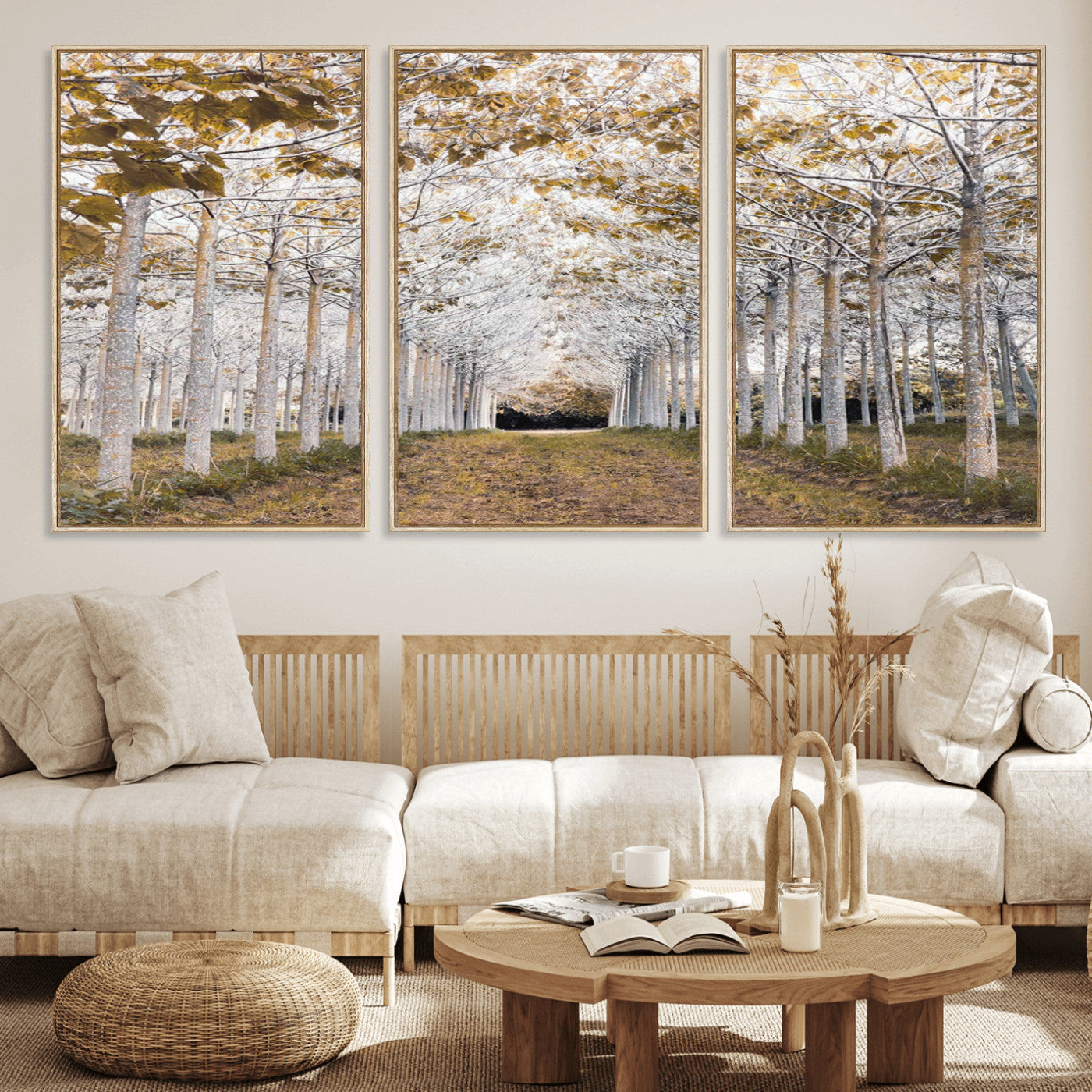 41104-MGV-FC-60X30-3P_Natural-Forest Grove Wall Art | Serene Pathway Canvas Print | Ready to Hang and Framed Nature Wall Decor for