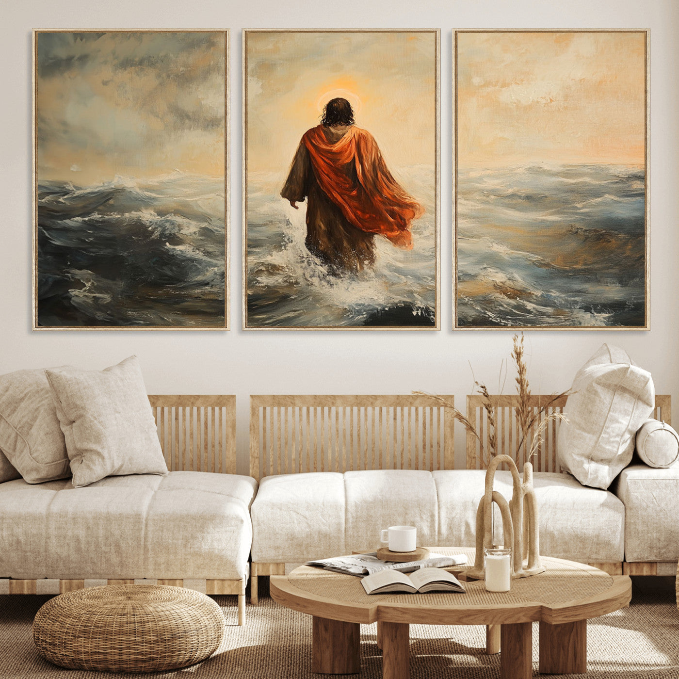 33344-MGV-FC-60X30-3P_Natural-Jesus Walking on Water, Christian Wall Art, Jesus Christ Walking on Oil Painting Style Print