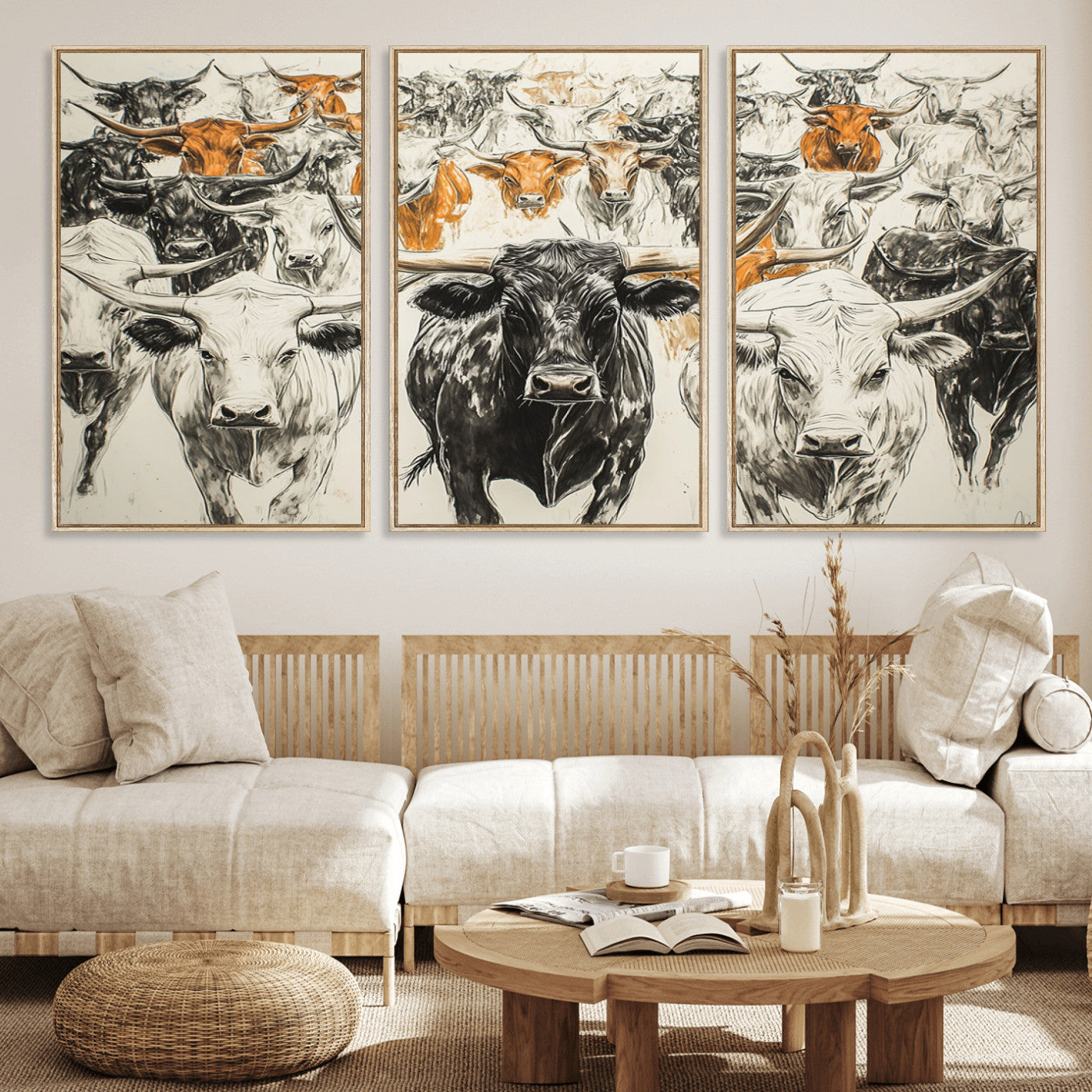 79794-MGV-FC-60X30-3P_Natural-Farmhouse Wall Art | Western Longhorn Cattle Canvas Print | Ready to Hang and Framed Barn Decor
