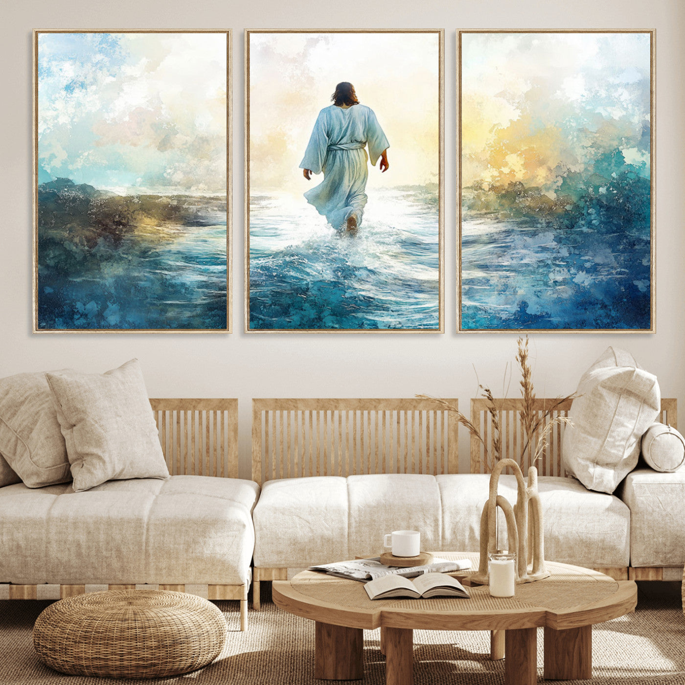 60634-MGV-FC-60X30-3P_Natural-Watercolor Jesus Walking on Water Canvas Print, Christian Wall Art, Jesus Christ Walking