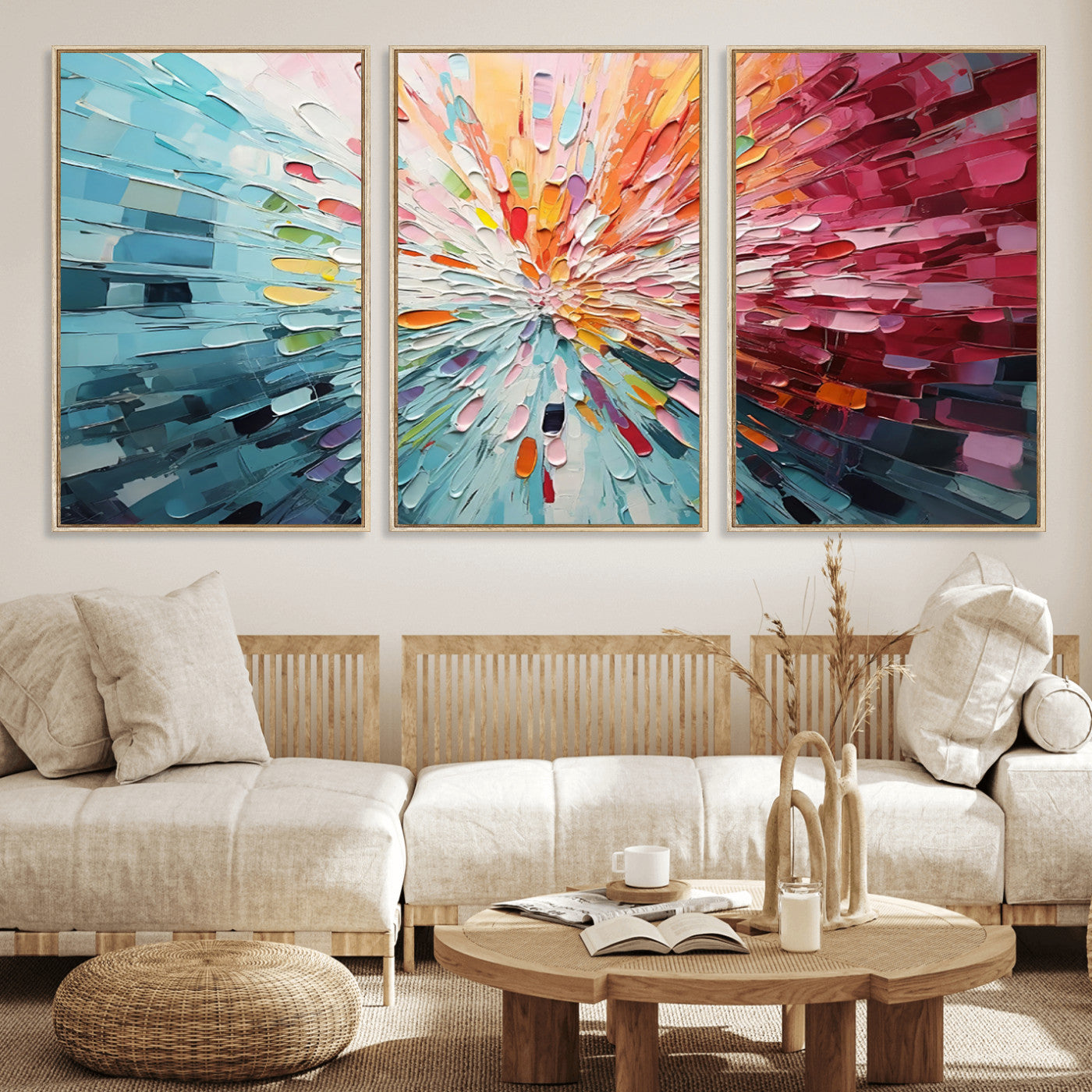 47065-MGV-FC-60X30-3P_Natural-Radiant Bloom Abstract Floral Wall Art Canvas Print - Colorful Burst - Modern Living Room Decor -