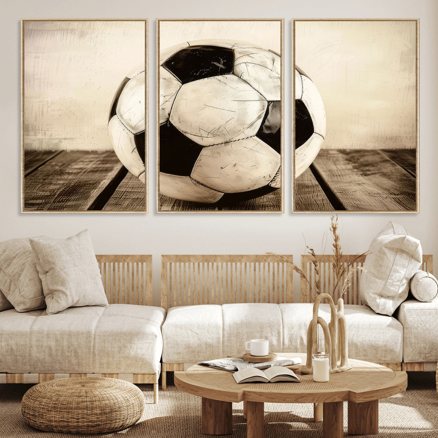 24319-MGV-FC-60X30-3P_Natural-Vintage Soccer Ball Wall Decor Canvas Art – 3-Panel Soccer Wall Decor, Framed and Ready to Hang