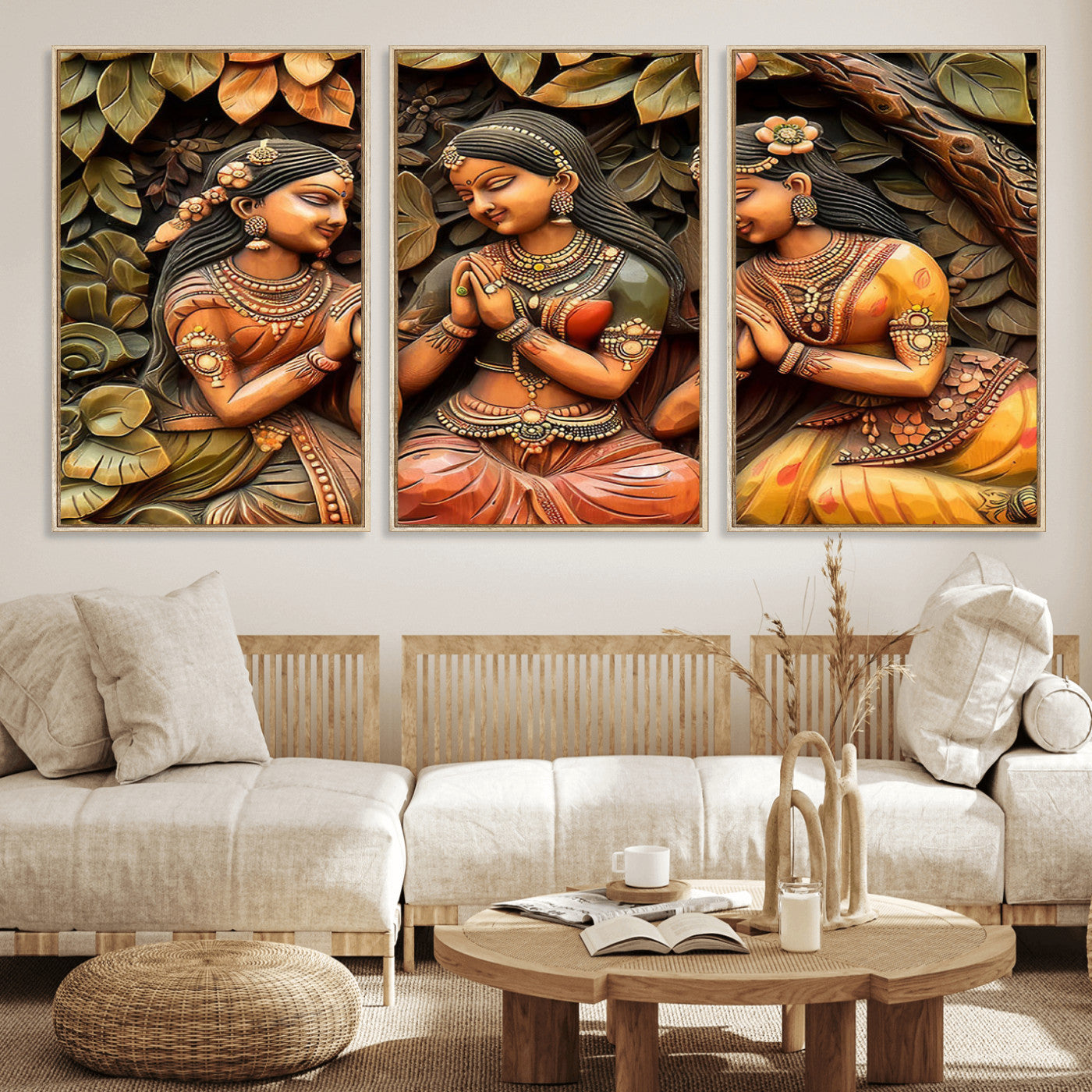 12926-MGV-FC-60X30-3P_Natural-Indian Woman Statue Wall Art Canvas Print
