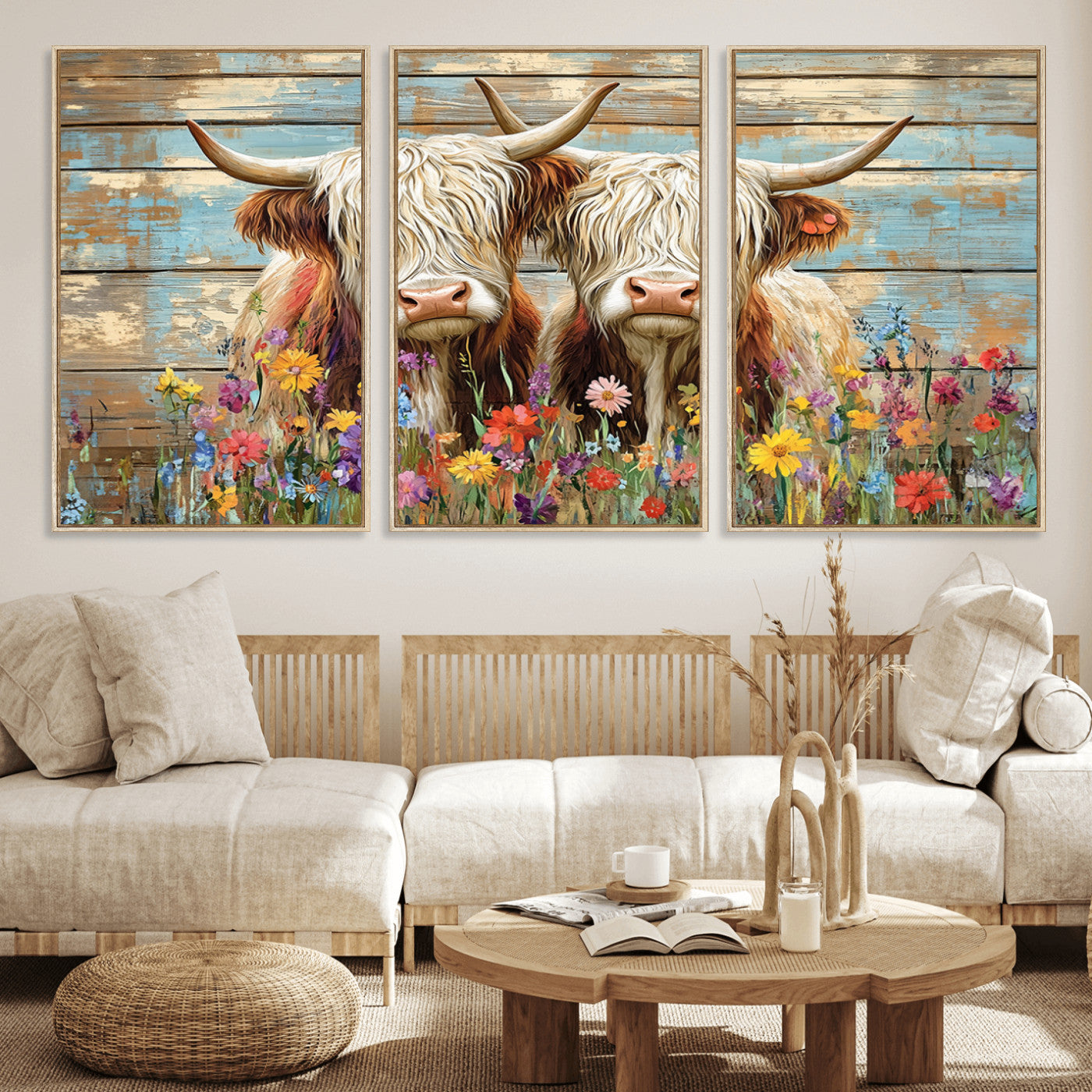 36972-MGV-FC-60X30-3P_Natural-Cute Highland Cow Canvas Wall Art - Rustic Farmhouse Decor with Colorful Flowers Perfect Wall Art