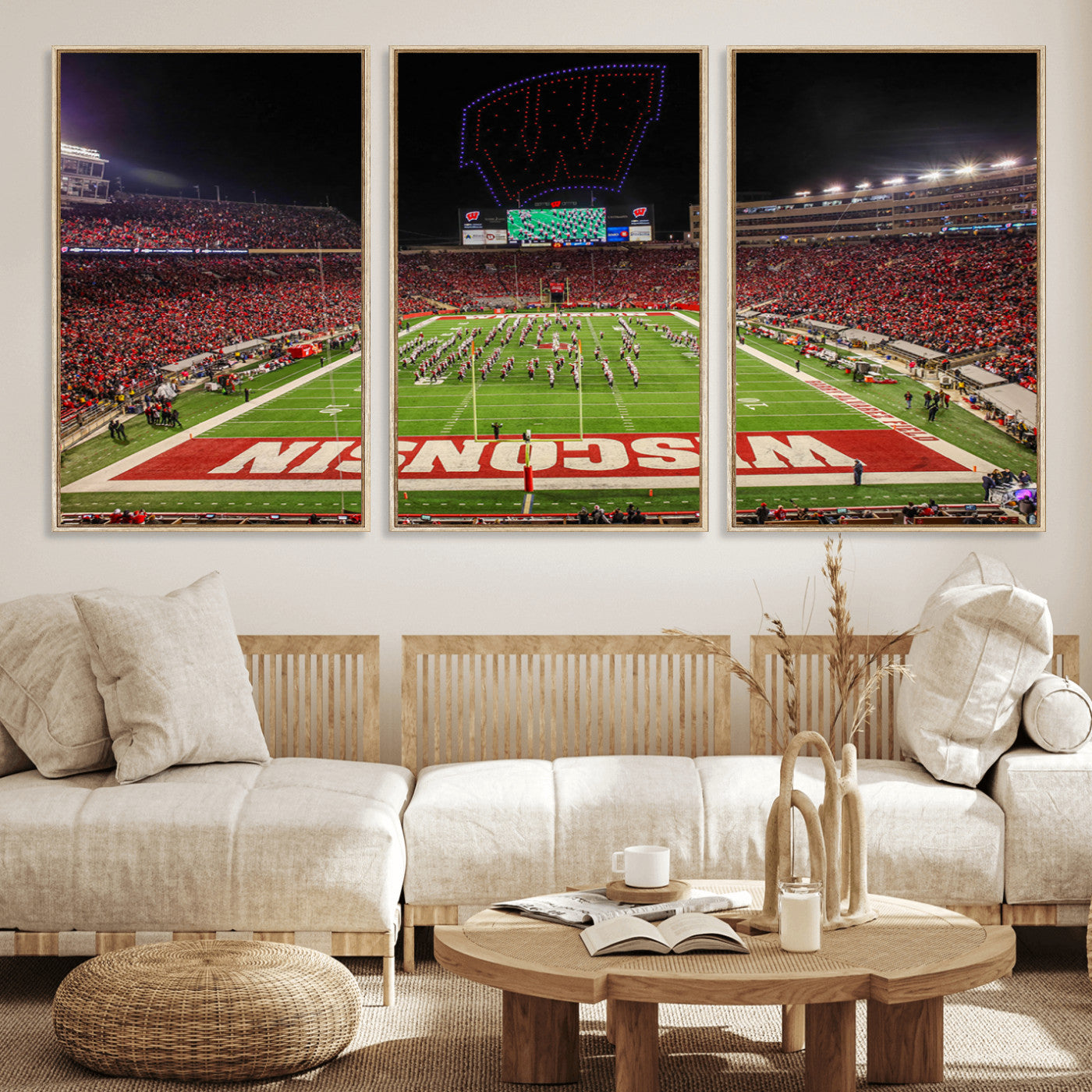 34125-MGV-FC-60X30-3P_Natural-Wisconsin Badgers Football Team Print Canvas- Madison Camp Randall Stadium Wall Art Canvas Print