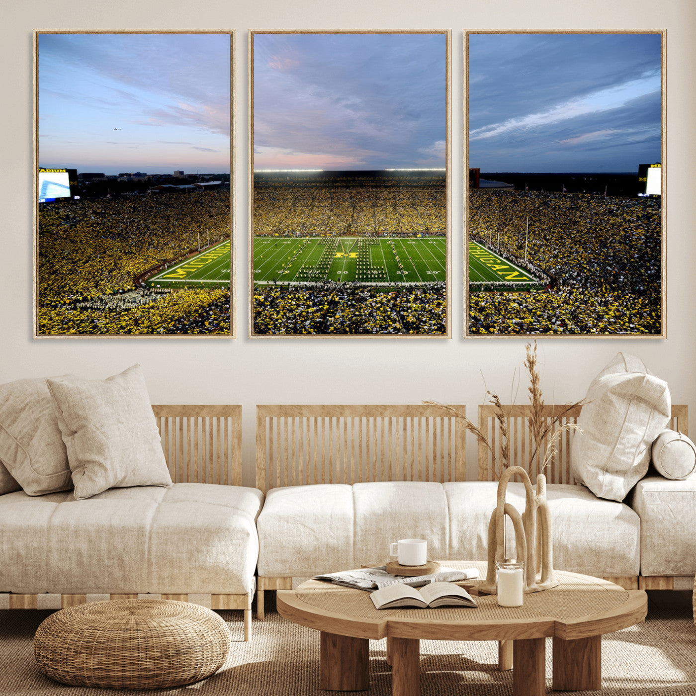 82641-MGV-CV-36X24 - Michigan Stadium Wall Art Canvas Print, Vibrant Game Day Crowd and Sunset Sky Football Field Artwork for Home, Office