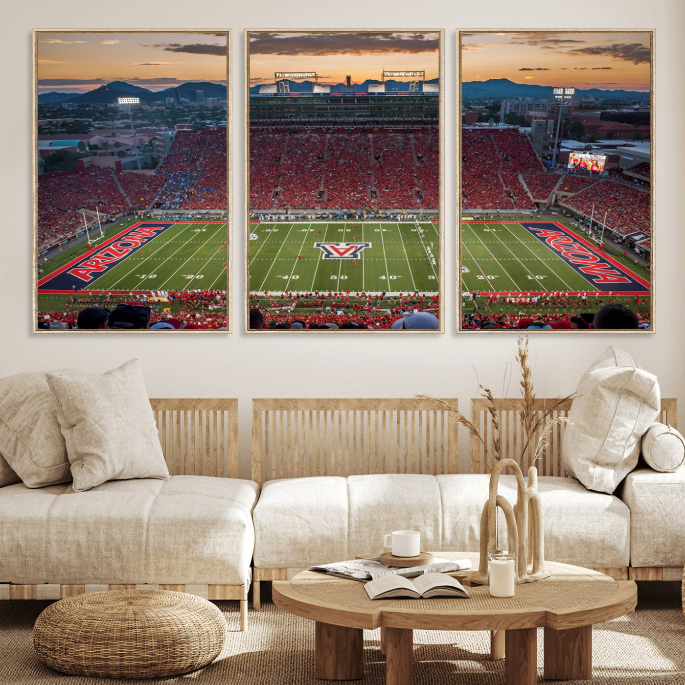 99722-MGV-FC-60X30-3P_Natural-Framed Arizona Wildcats Football Team Print - Tucson Arizona Stadium Wall Art Canvas Print