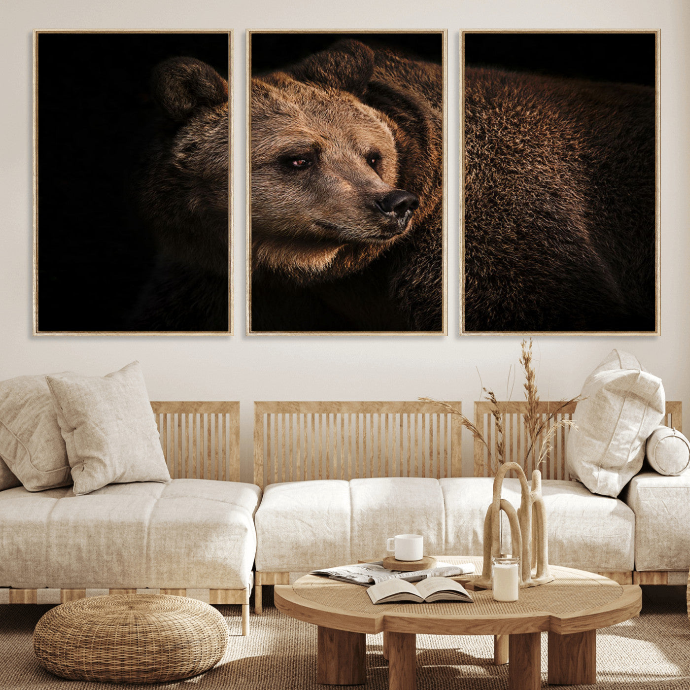 67744-MGV-FC-60X30-3P_Natural-Wild Grizzly 399 Bear Canvas Wall Art Print, Bear Animal Canvas Artwork Print, Black Bear Wall Art