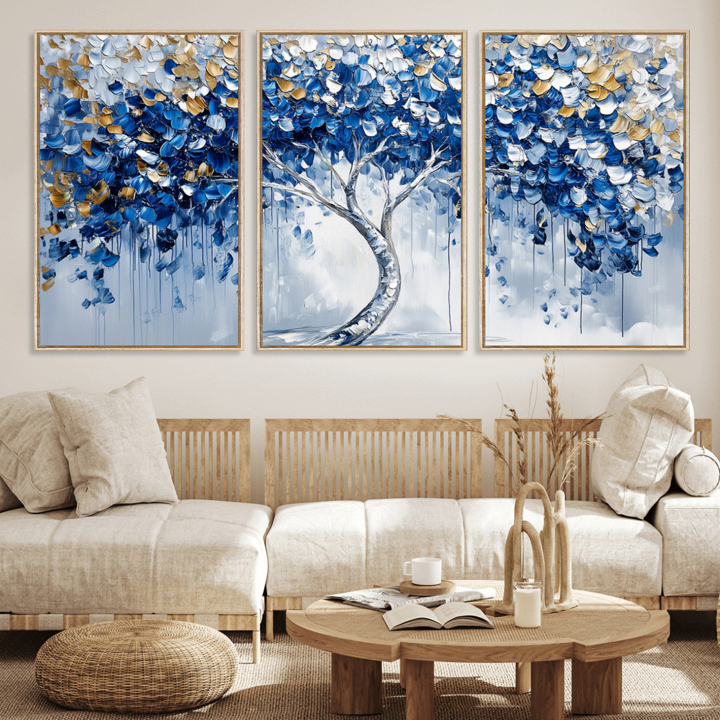62350-MGV-FC-60X30-3P_Natural-Blue and Gold Abstract Tree Wall Art Canvas Print | Modern Tree of Life Painting | Framed Canvas