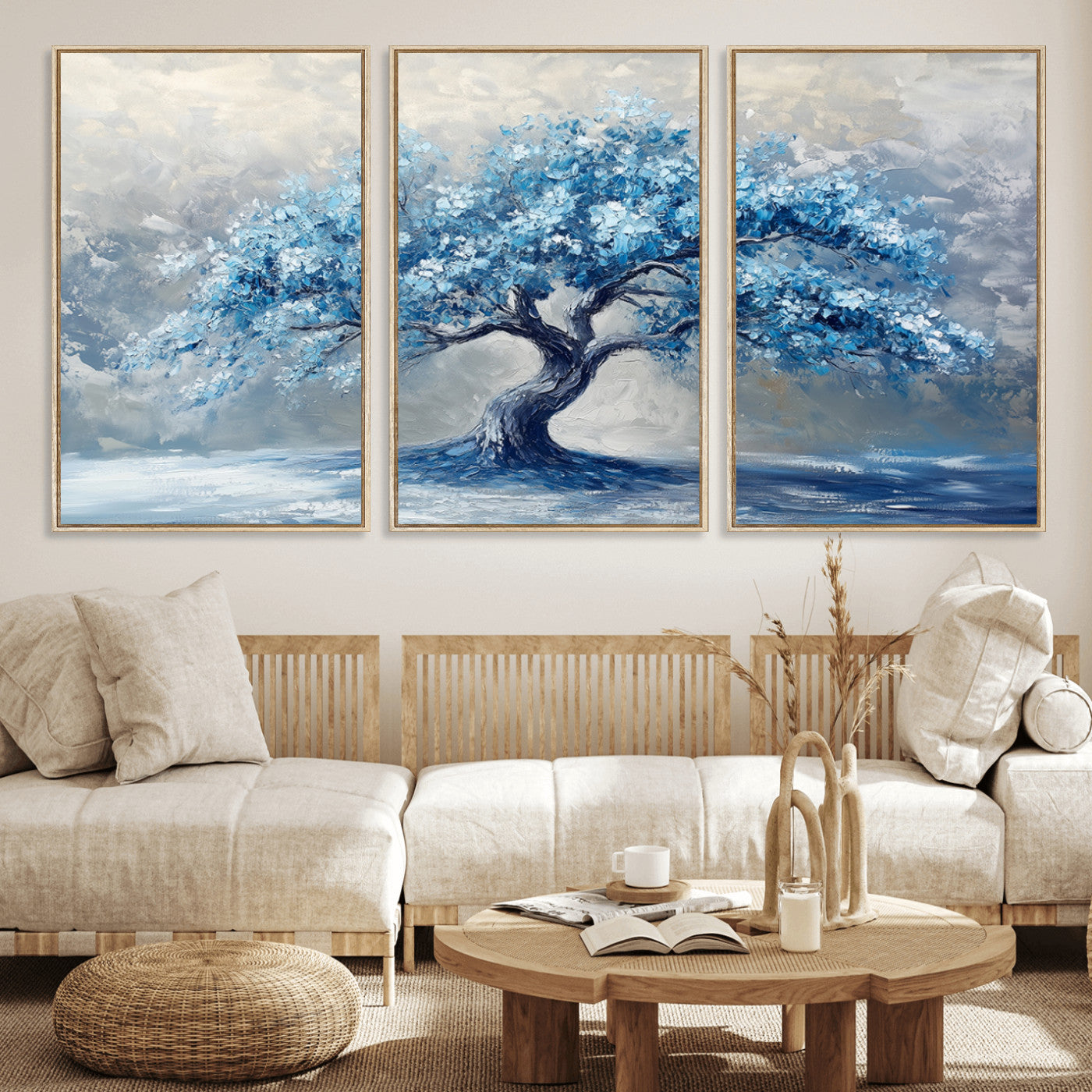 56105-MGV-FC-60X30-3P_Natural-Abstract Blue Tree Art Canvas Print, Majestic Tree Wall Art Print for Farmhouse Decor