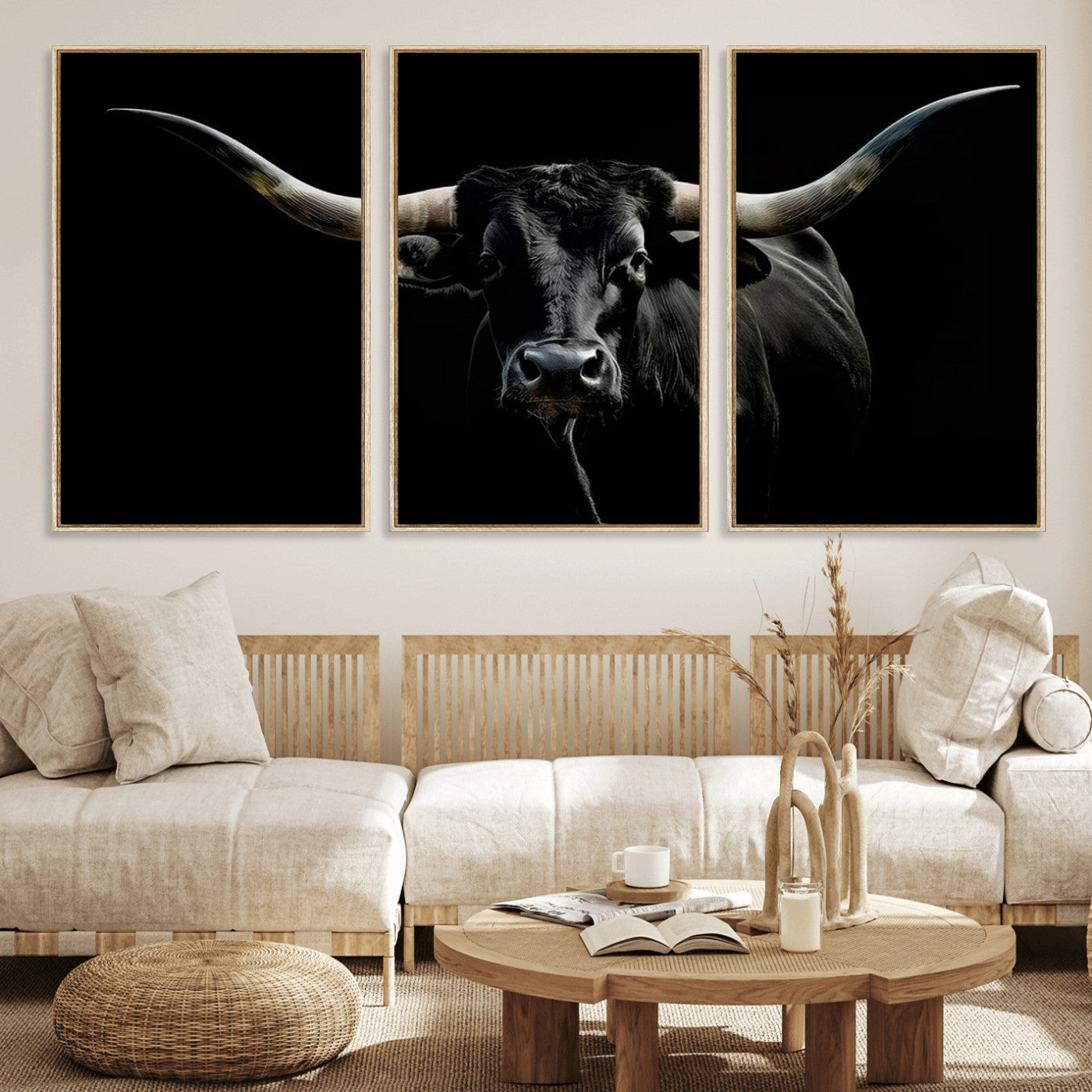 20679-MGV-FC-60X30-3P_Natural-Texas Black Longhorn Bull Wall Art Canvas Print - Western Texas Cattle Rustic Decor Print - Longhorn