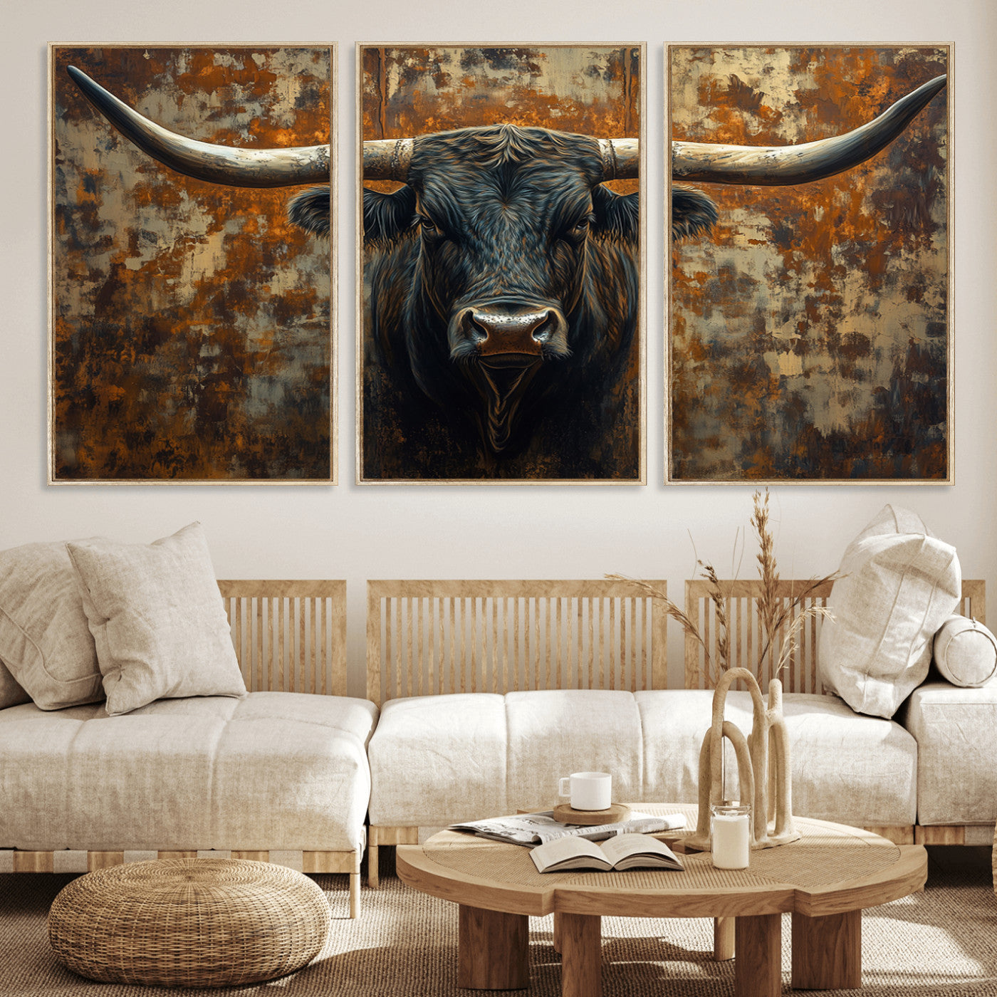 68068-MGV-FC-60X30-3P_Natural-Longhorn Texas Cow Bull Wall Art | Rustic Farmhouse Canvas Print | Ready to Hang Barn Decor for