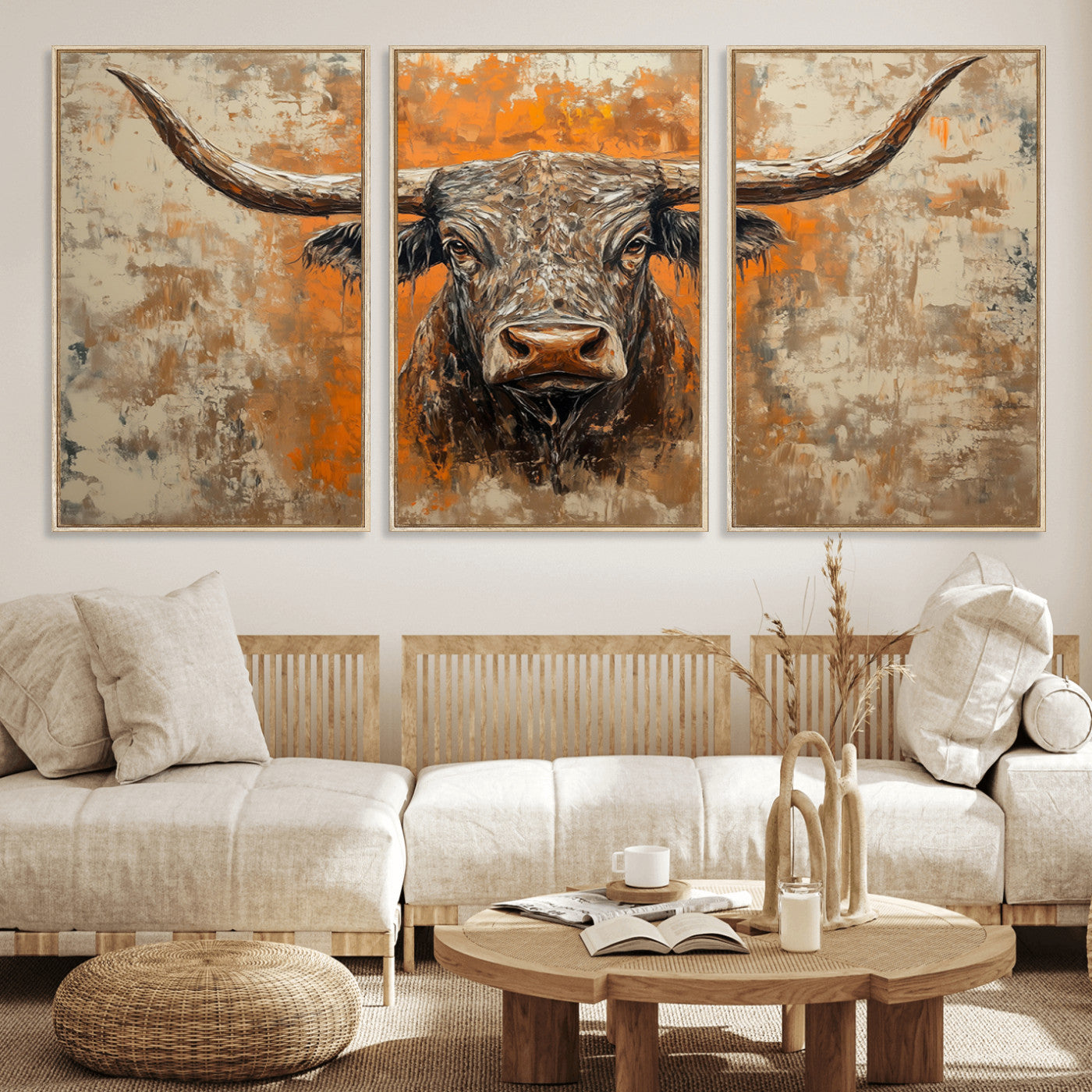 49976-MGV-FC-60X30-3P_Natural-Abstract Cow Longhorn Bull Wall Art Canvas Print - Rustic Texas Western Cattle Artwork
