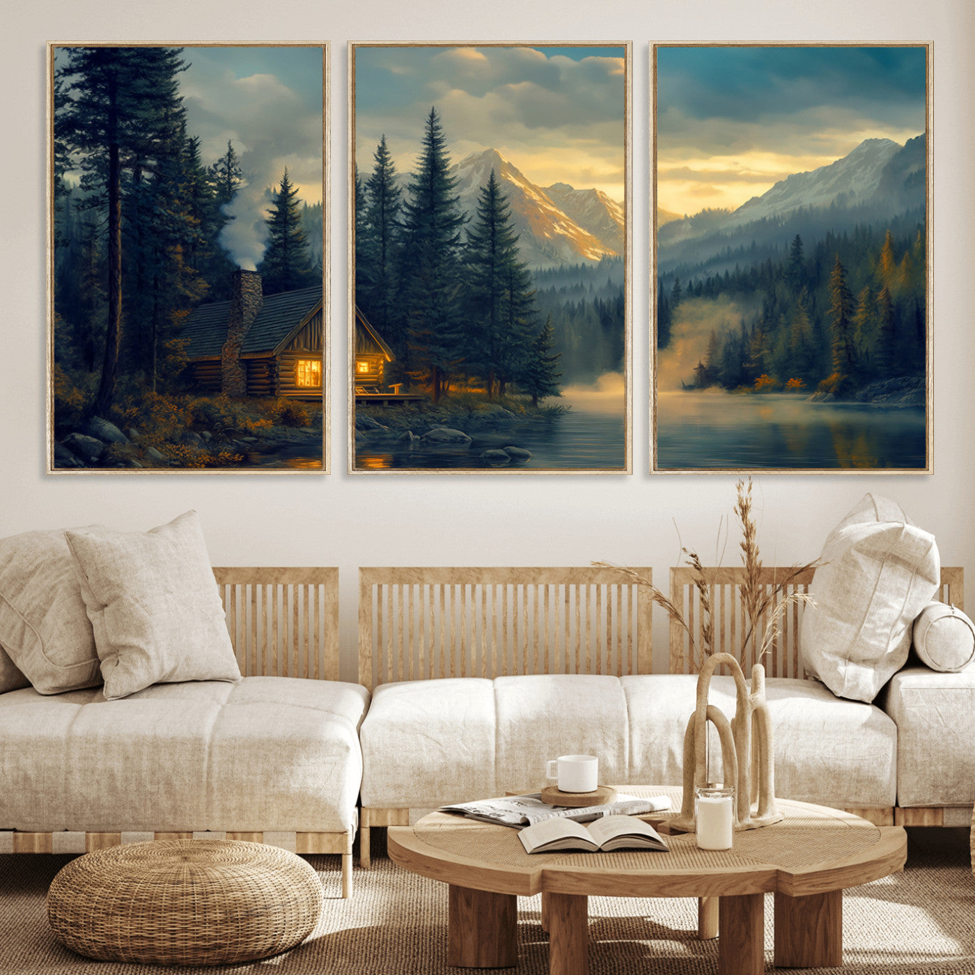 94027-MGV-FC-60X30-3P_Natural-Mountain Cabin by the Lake at Sunset Wall Art - Serene Nature Canvas Print for Living Room Decor,